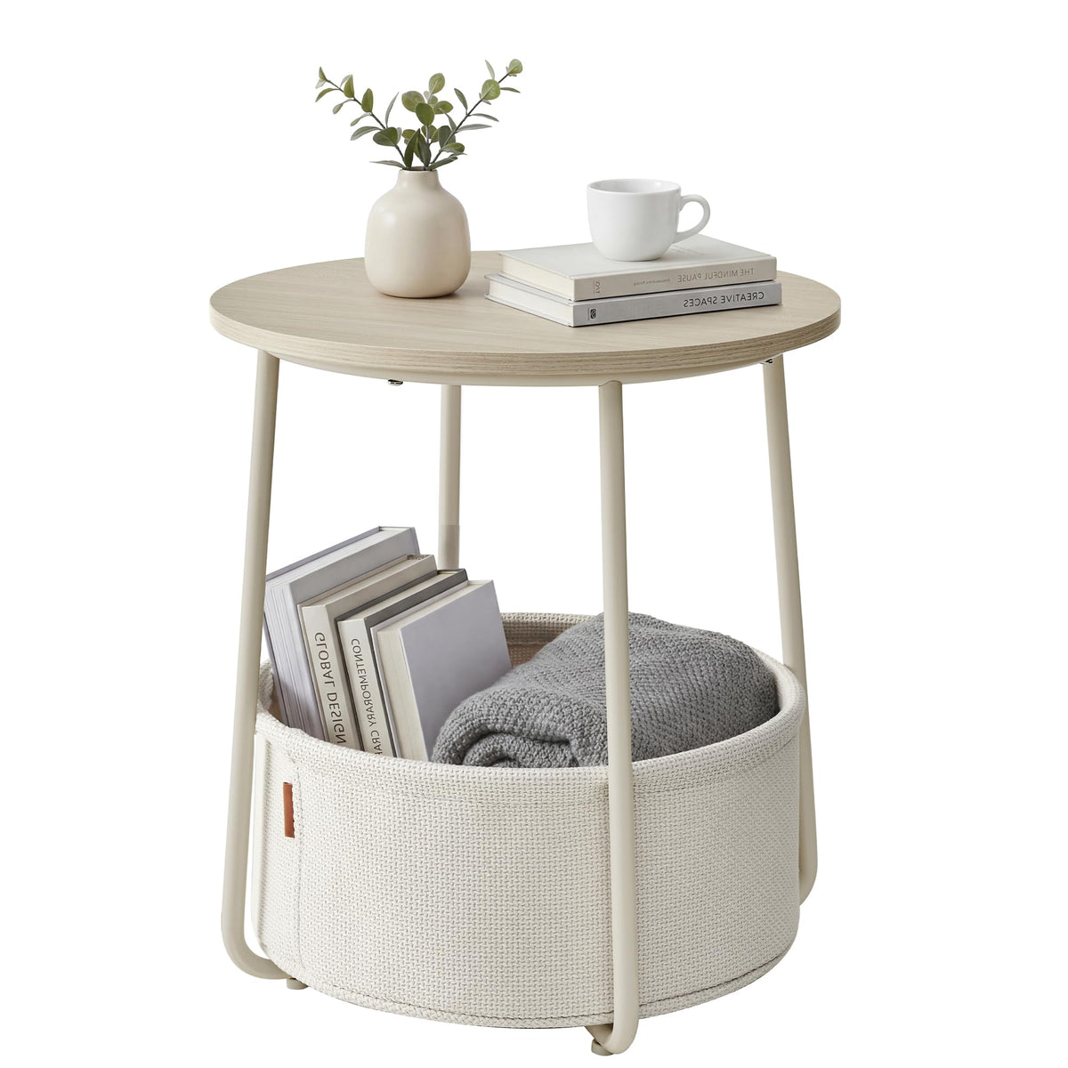 SONGMICS HOME small round side table with fabric basket adds tidy storage to any room.