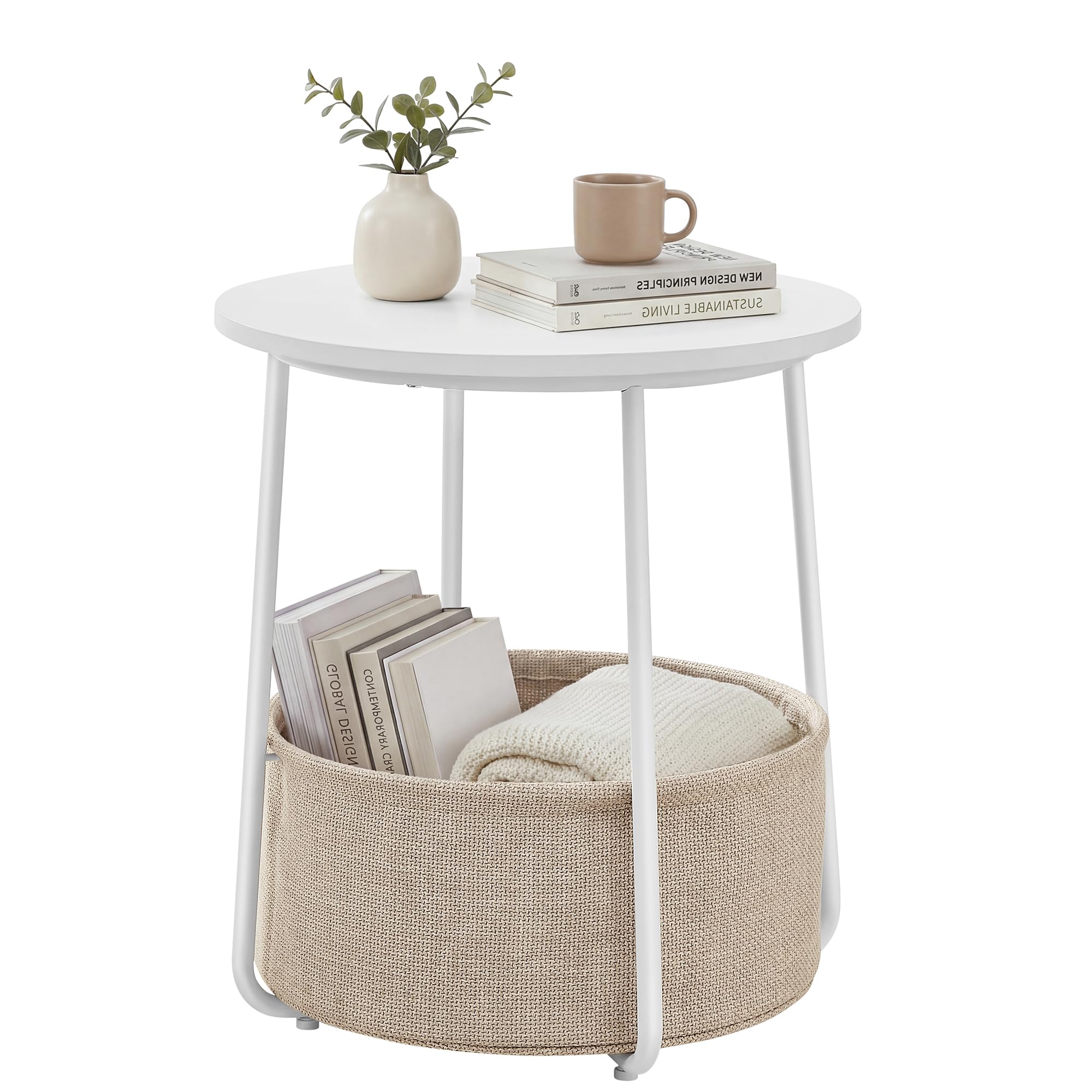 SongMics Home small round side table with white top and brown base, compact design.