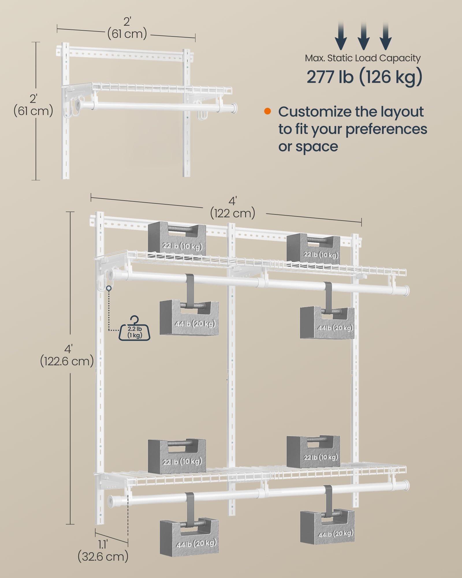 URGR031W01 closet rods provide sturdy hanging space.