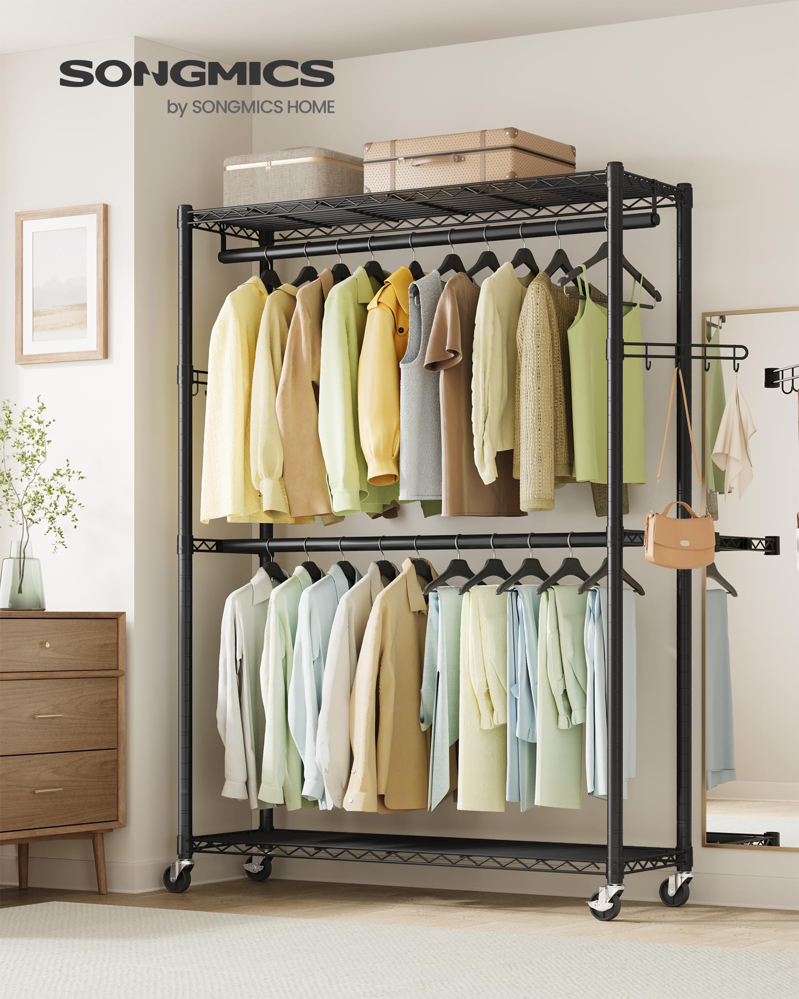 SongMICS ink black rolling rack with dual hanging rails for organized wardrobe display.