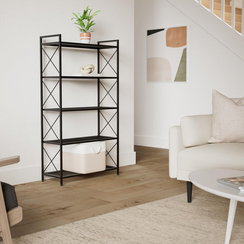 SONGMICS ink black metal shelving with dense mesh provides stable storage in any room.