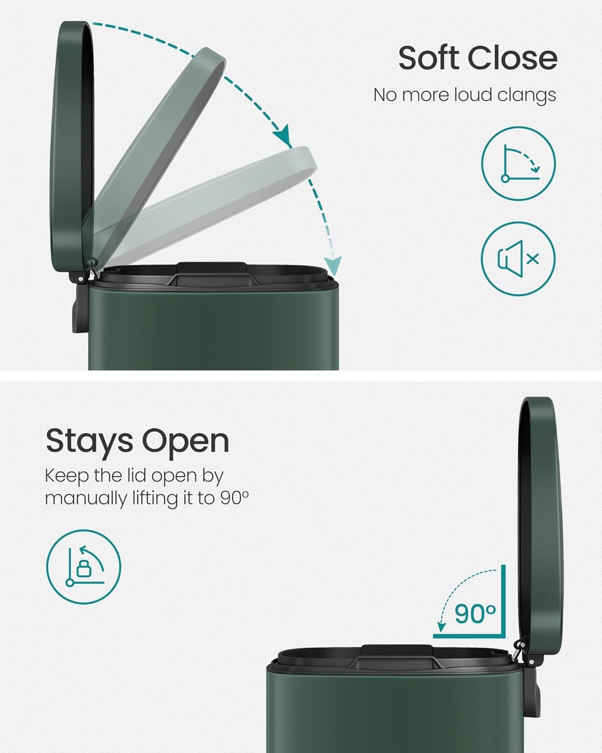 Songmics inner bucket with bag securing helps tidy waste disposal.