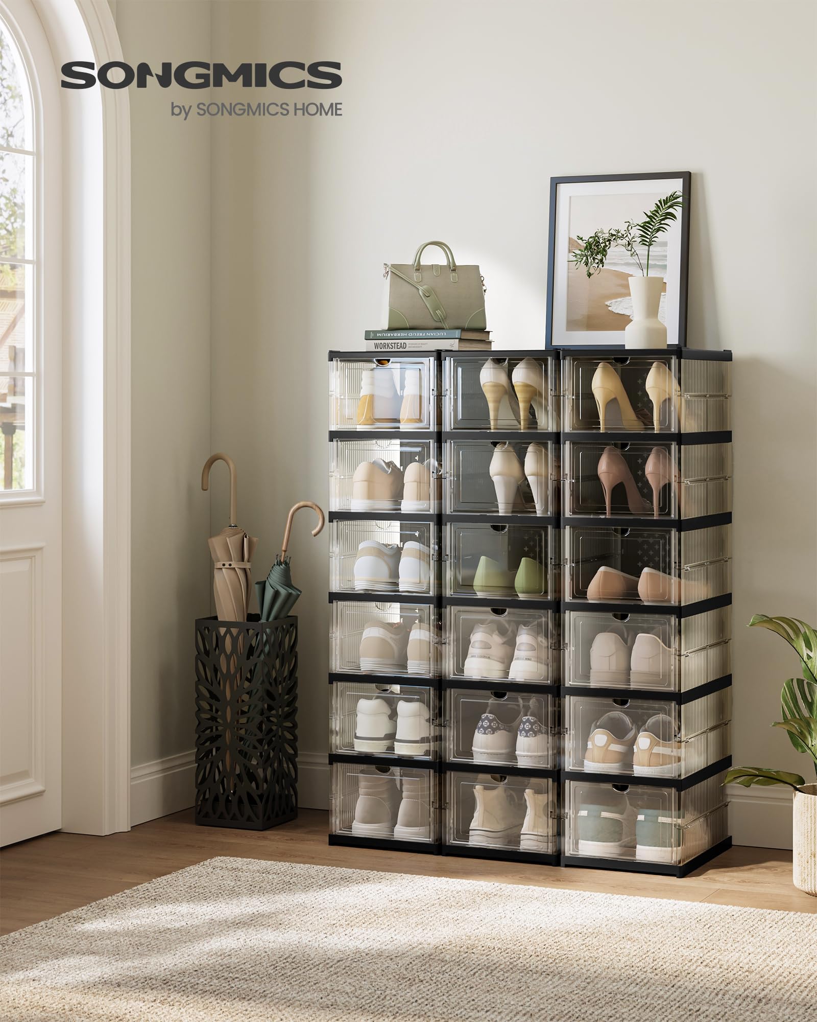 SONGMICS integrated shoe cabinet with open doors reveals organized footwear.