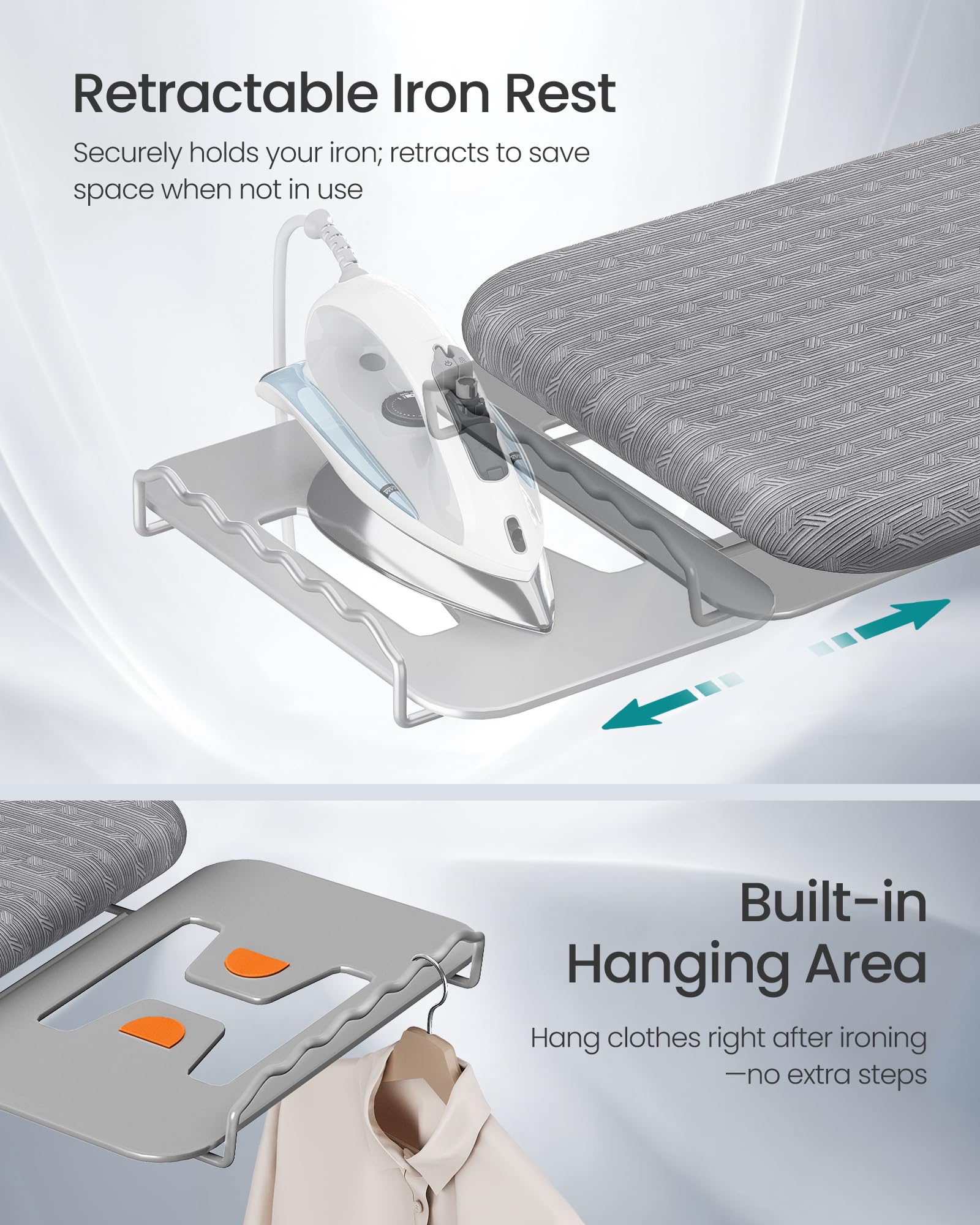 SONGMICS 43x13 inch ironing board provides wide ironing area with easy storage