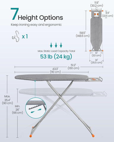 SONGMICS ironing board includes hanging hook for wall or door storage