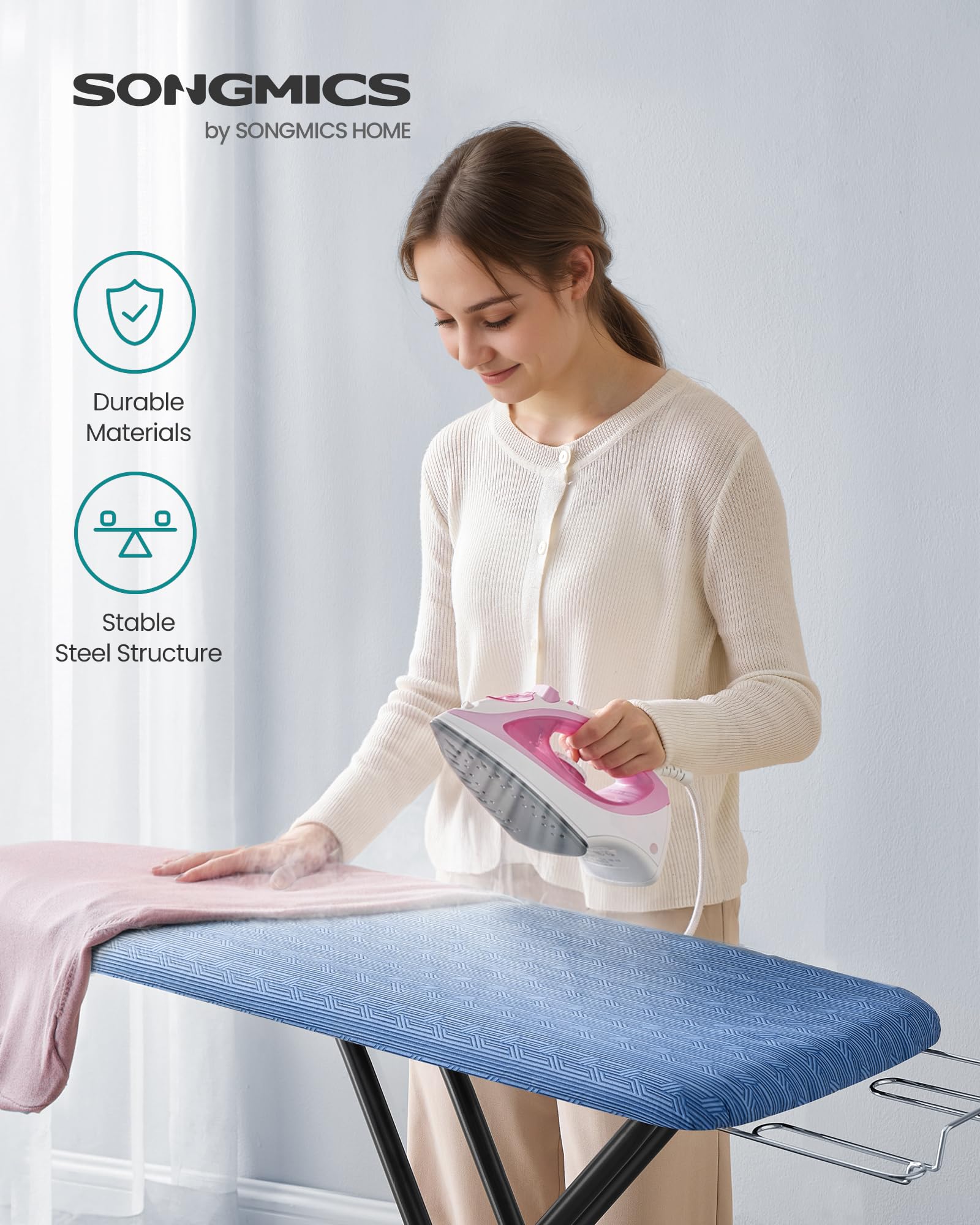 SONGMICS ironing board showing 7-height adjustment for comfortable ironing