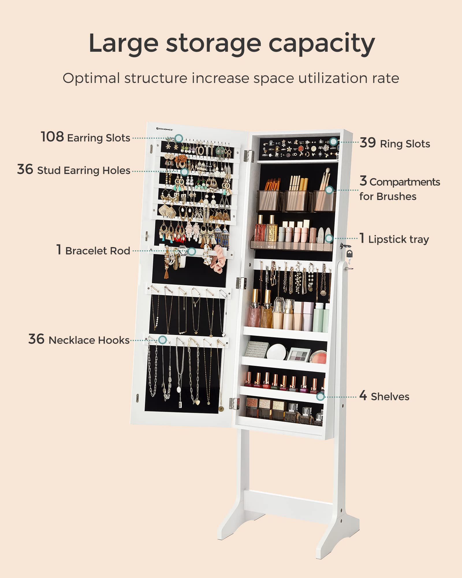 SONGMICS 108-slot jewelry organizer sections by type for quick access