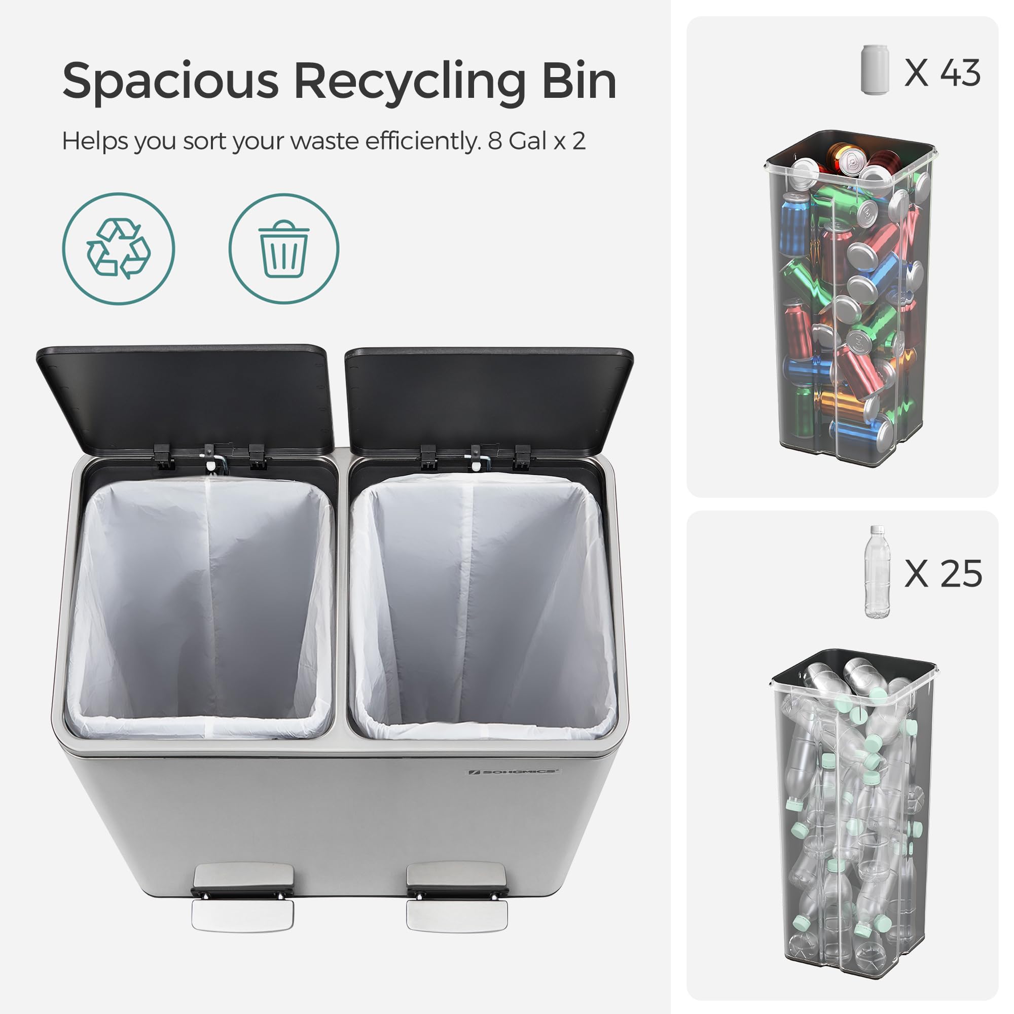 Compact SONGMICS kitchen trash can with dimensions 23.2x14.4x25.6 inches