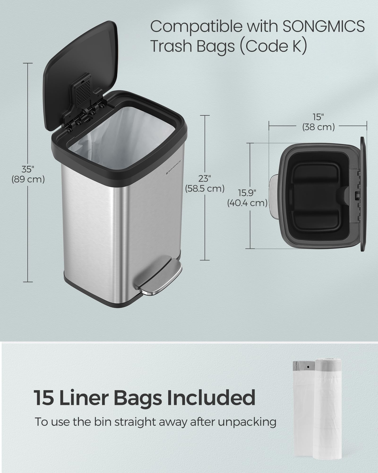 SONGMICS soft-close lid reduces noise during daily trash disposal.