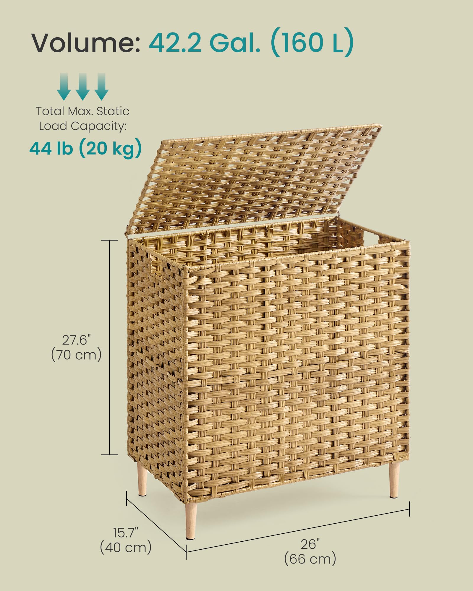 SONGMICS spacious 42.2 gallon capacity ideal for weekly laundry needs.