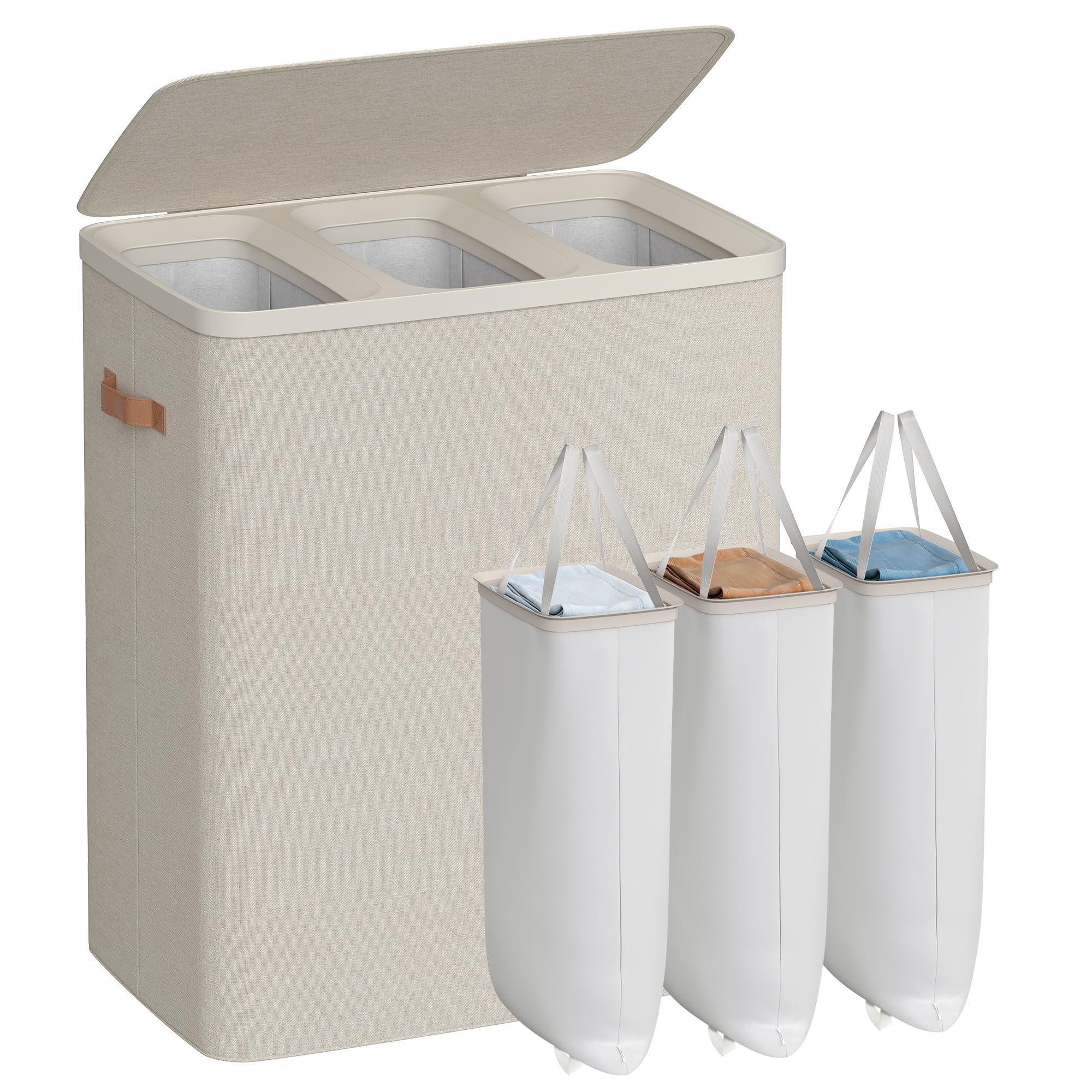 SONGMICS 50.2 gal laundry basket with three compartments for easy sorting.