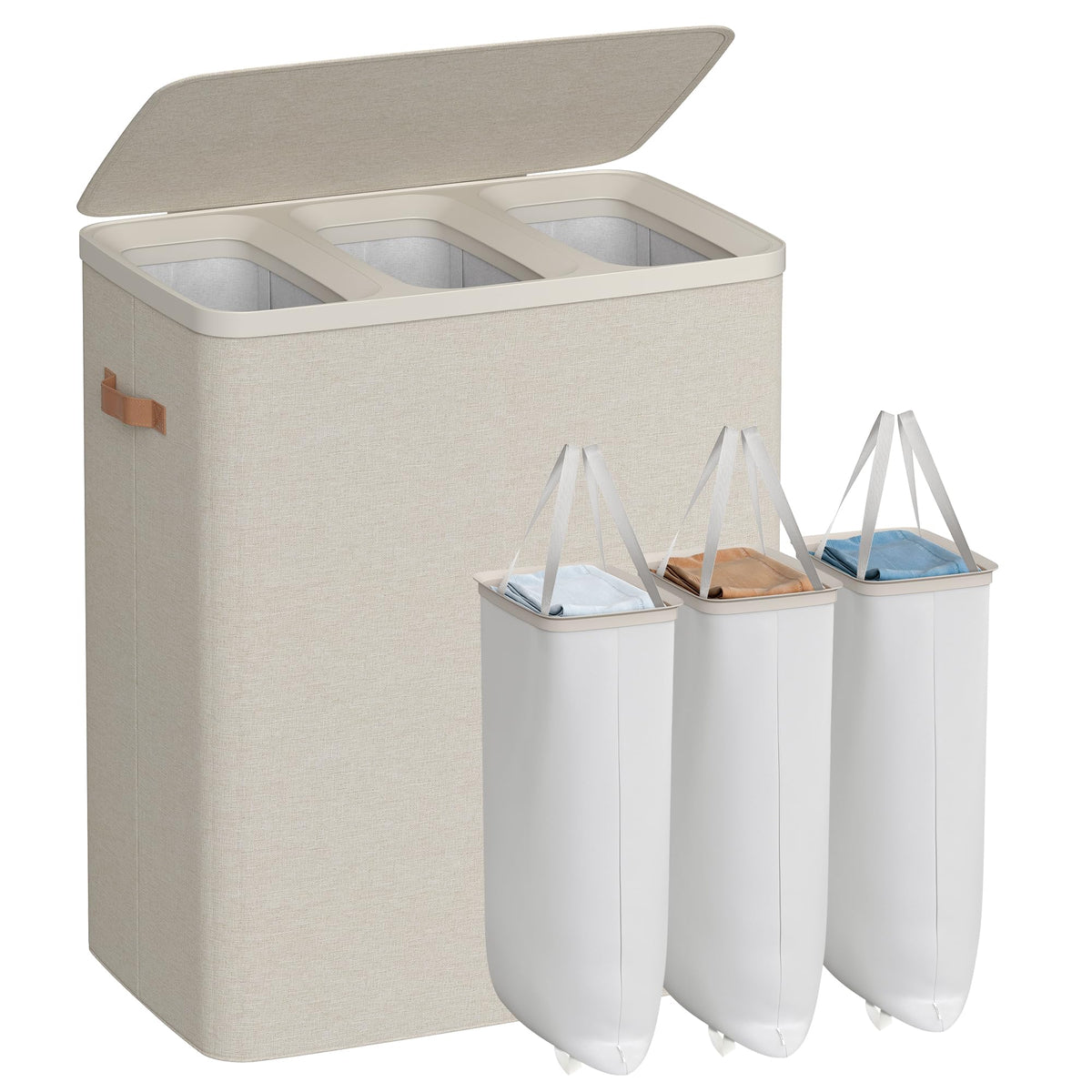 SONGMICS 50.2 gal laundry basket with three compartments for easy sorting.
