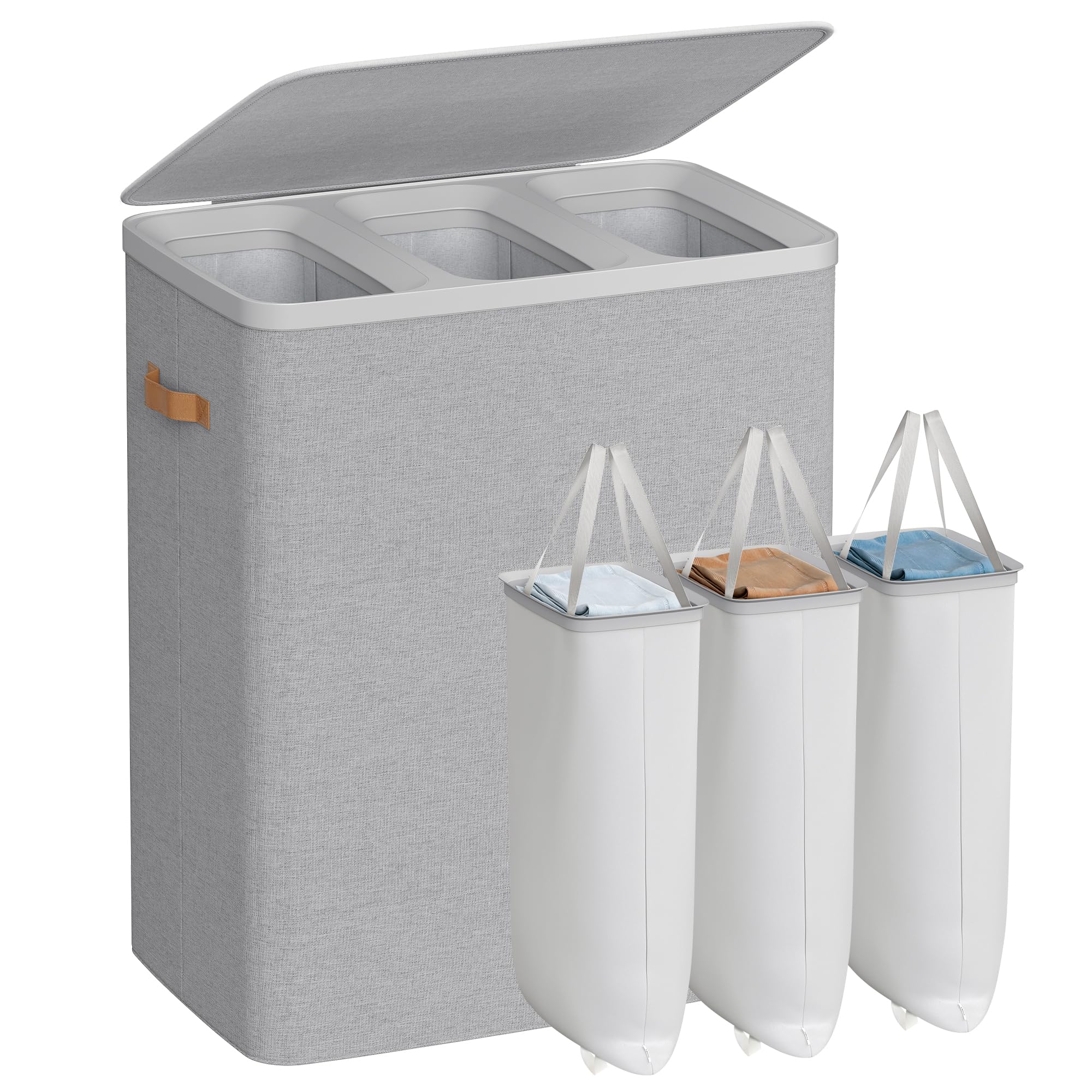 Songmics three-compartment laundry basket for easy clothing sorting.