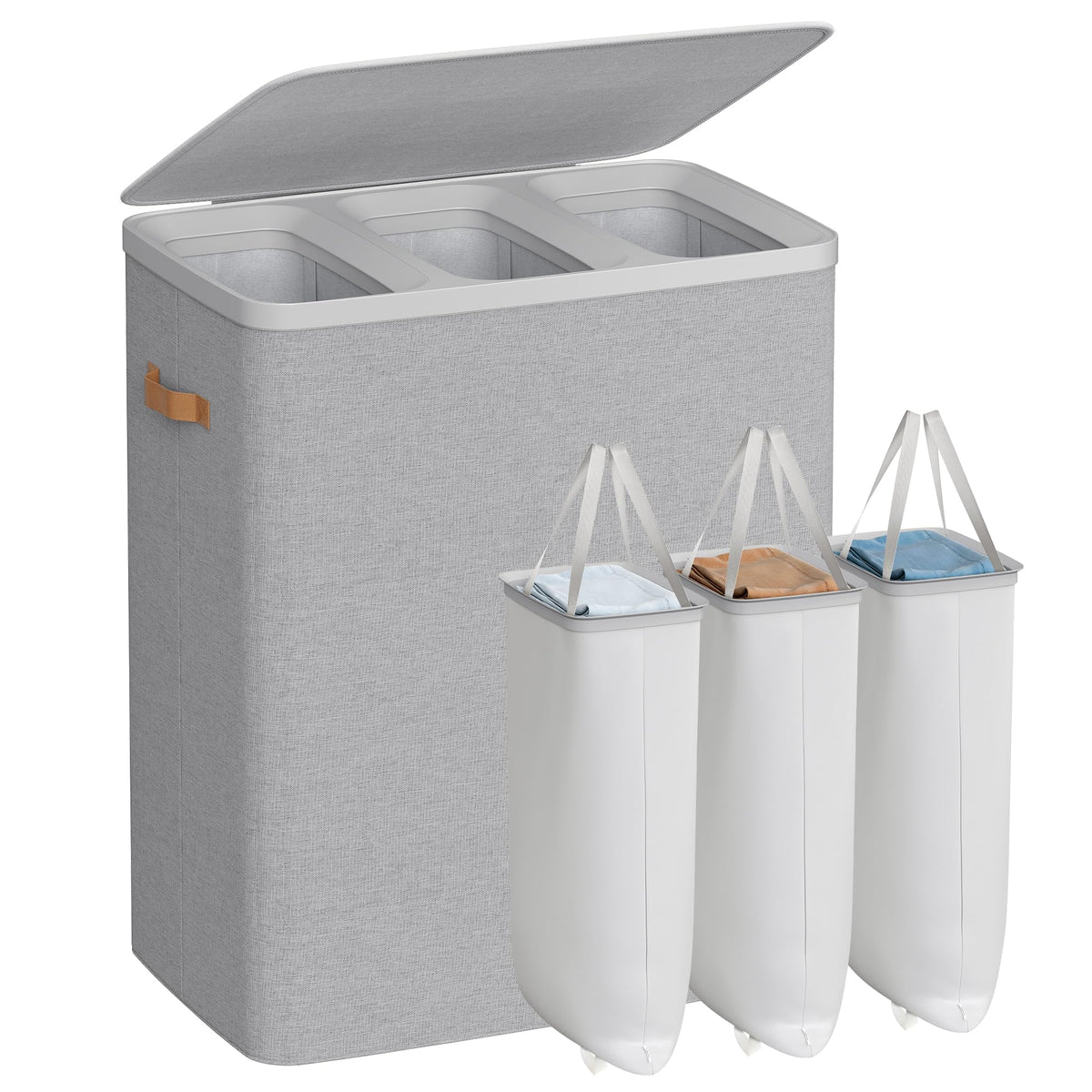 Songmics three-compartment laundry basket for easy clothing sorting.