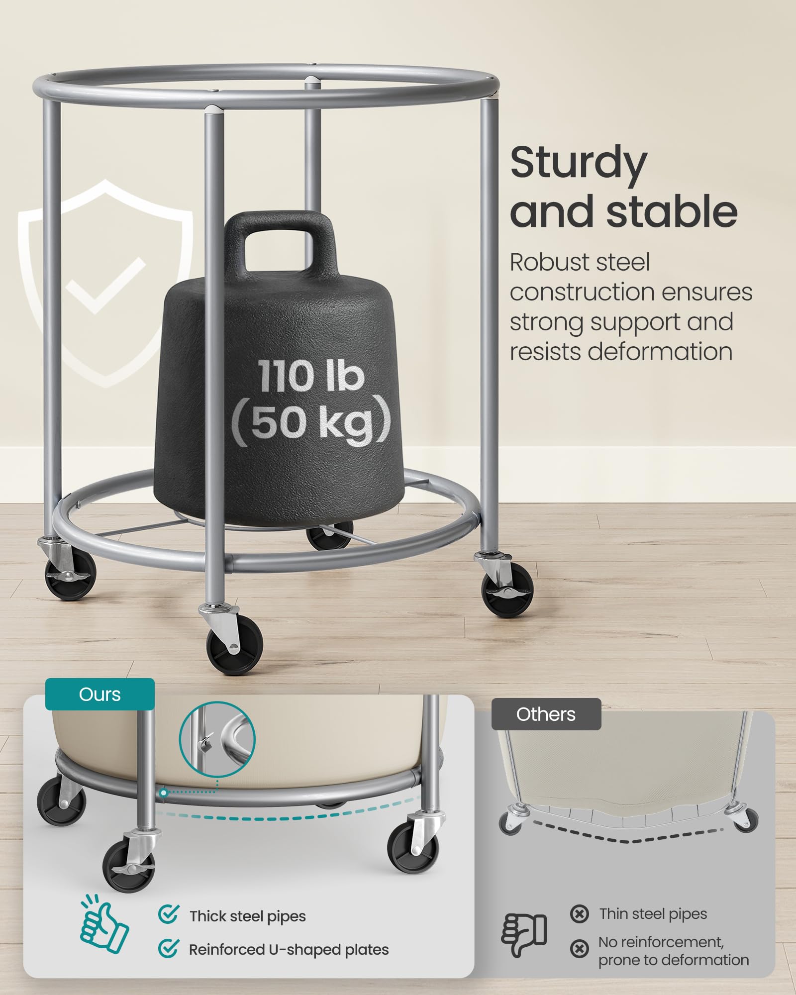 Four casters with locking brakes on SONGMICS laundry cart for stable placement