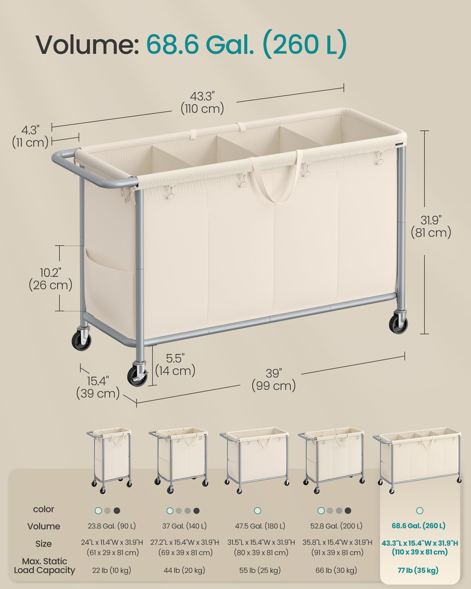 Songmics cream-white laundry basket design adds a clean look