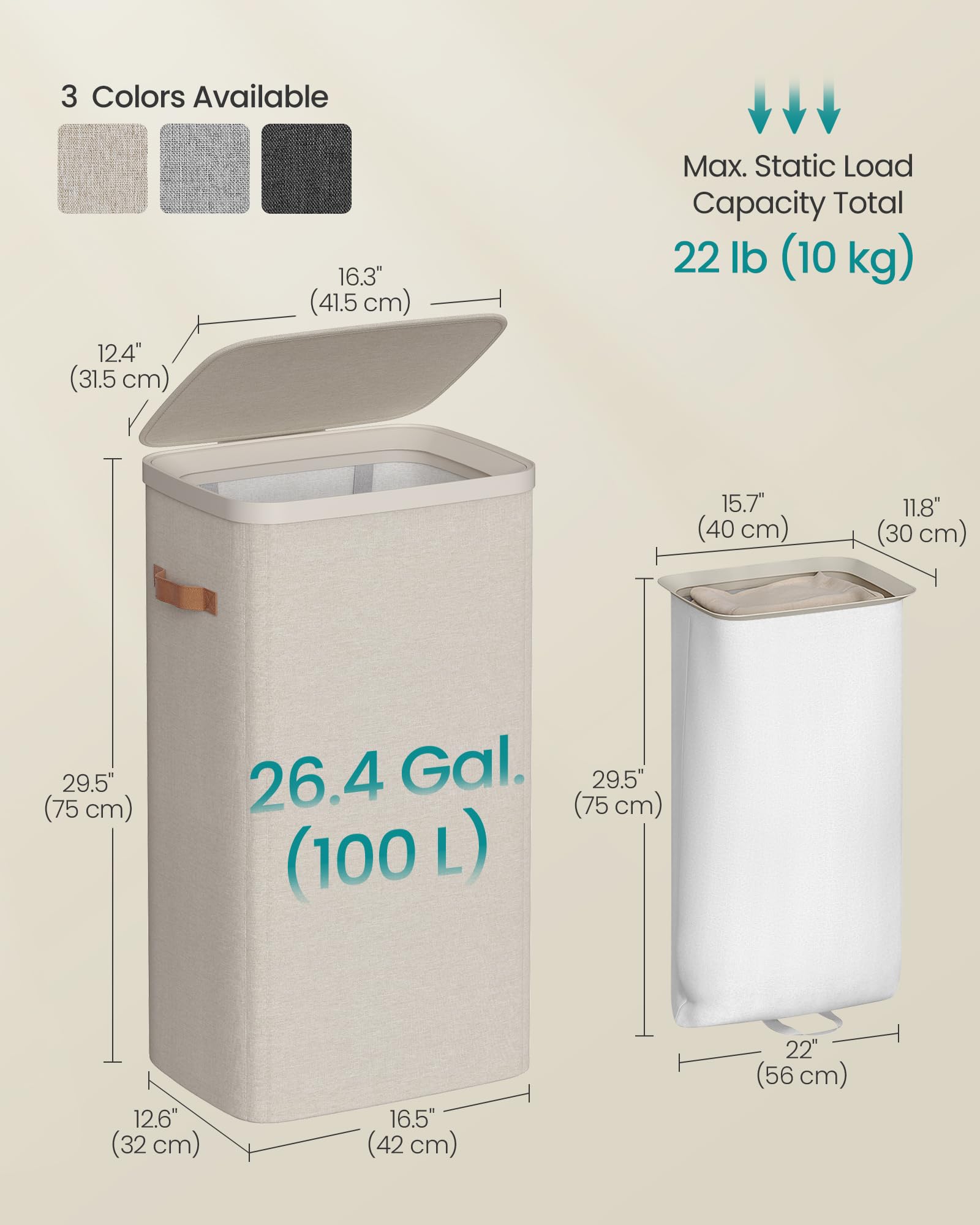SONGMICS laundry basket dimensions 16-5 by 12-6 by 29-5 inches for space planning.