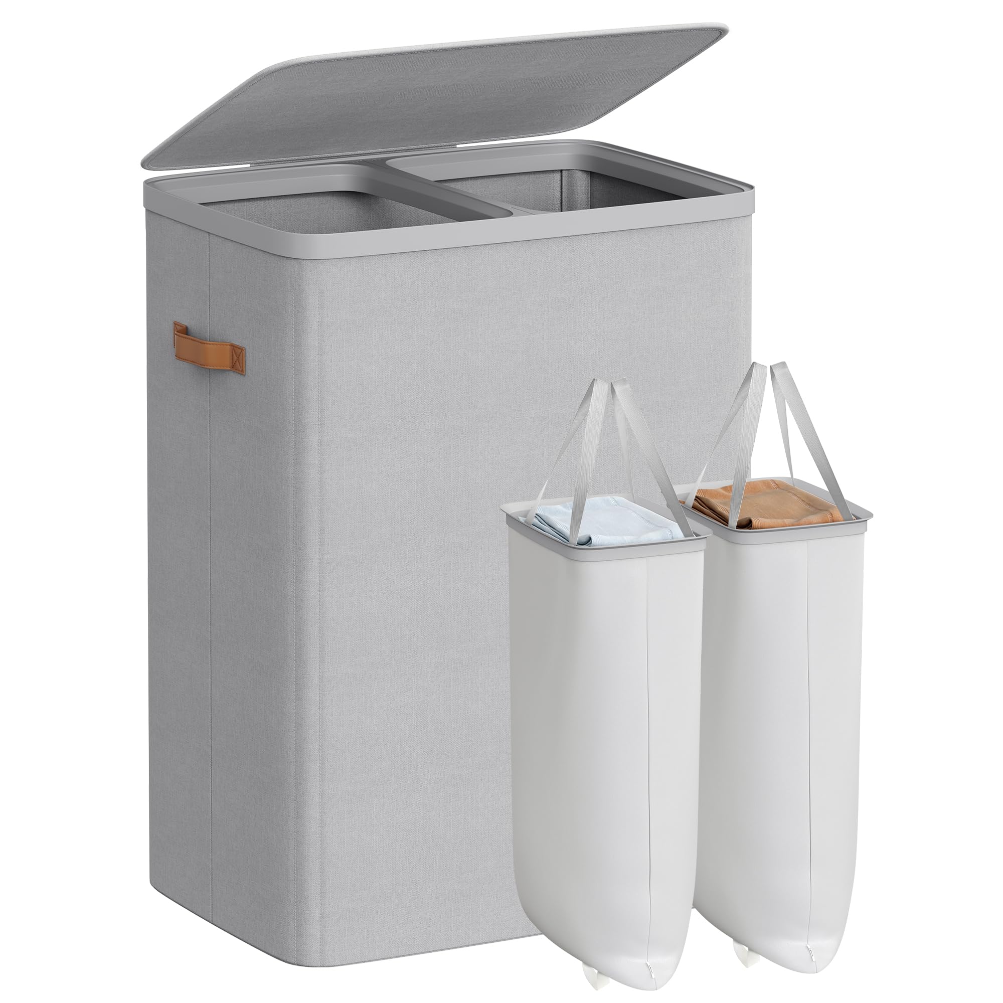 Songmics laundry basket front view with two compartments for easy sorting
