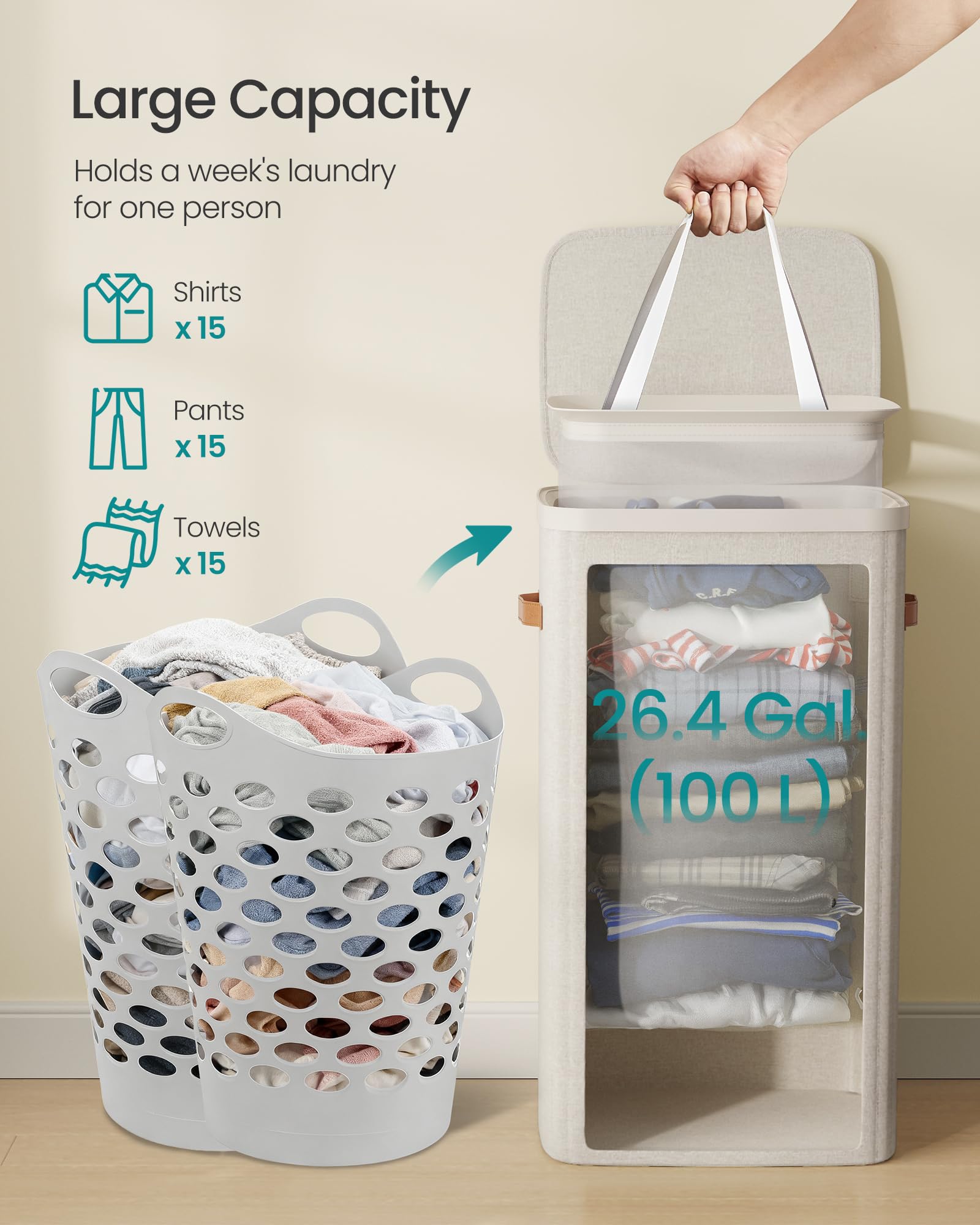 SONGMICS laundry basket with lid and PU tab handle for privacy.