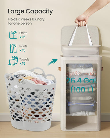 SONGMICS laundry basket with lid and PU tab handle for privacy.