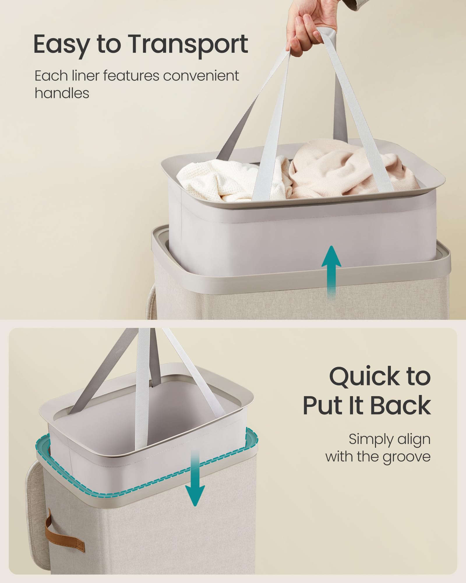 SONGMICS laundry basket side handles for easy transport and moving upstairs.