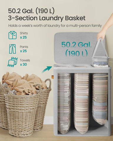 Songmics laundry basket with sturdy handles for easy transport.