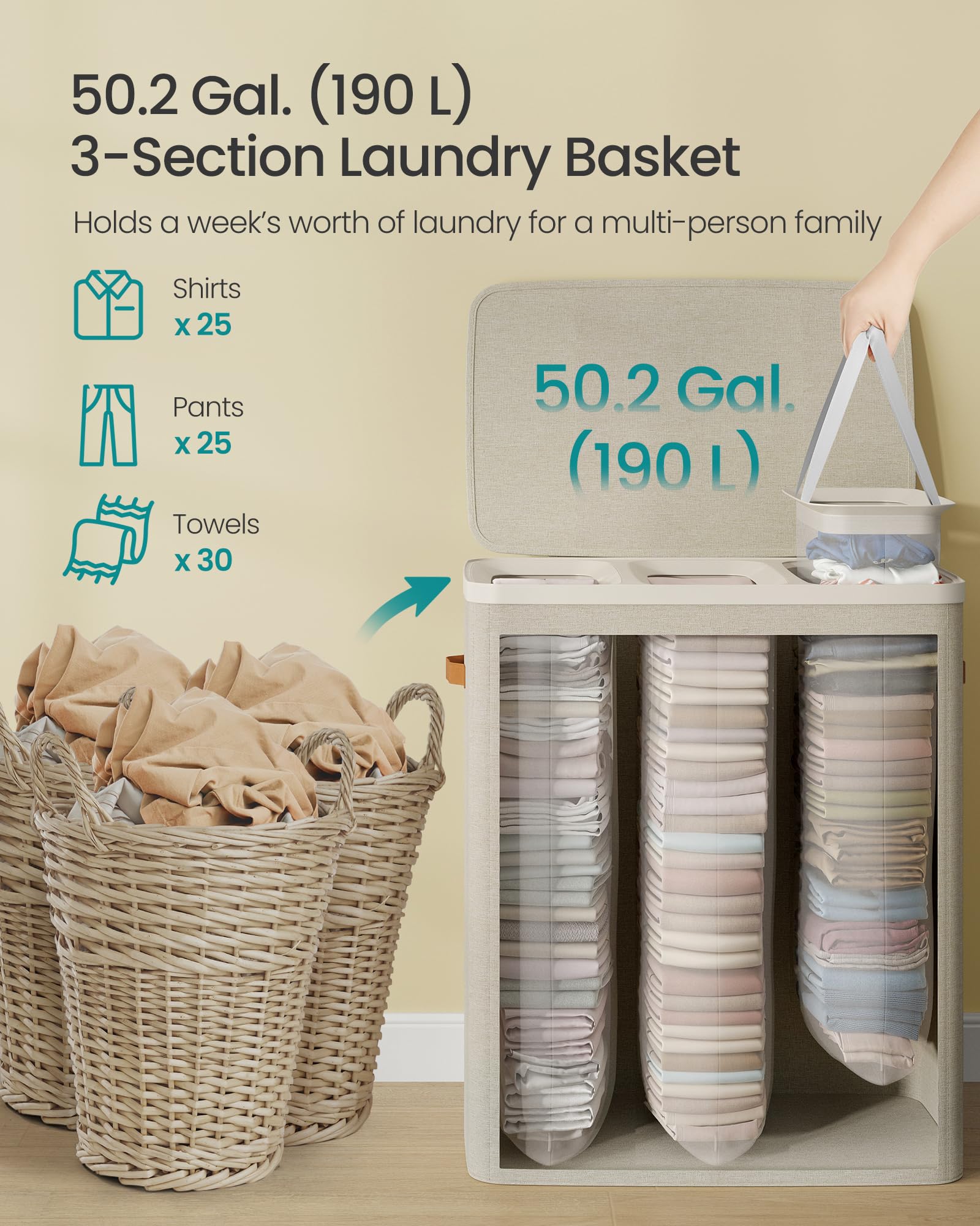 SONGMICS laundry basket features sturdy handles for easy transport around the home.