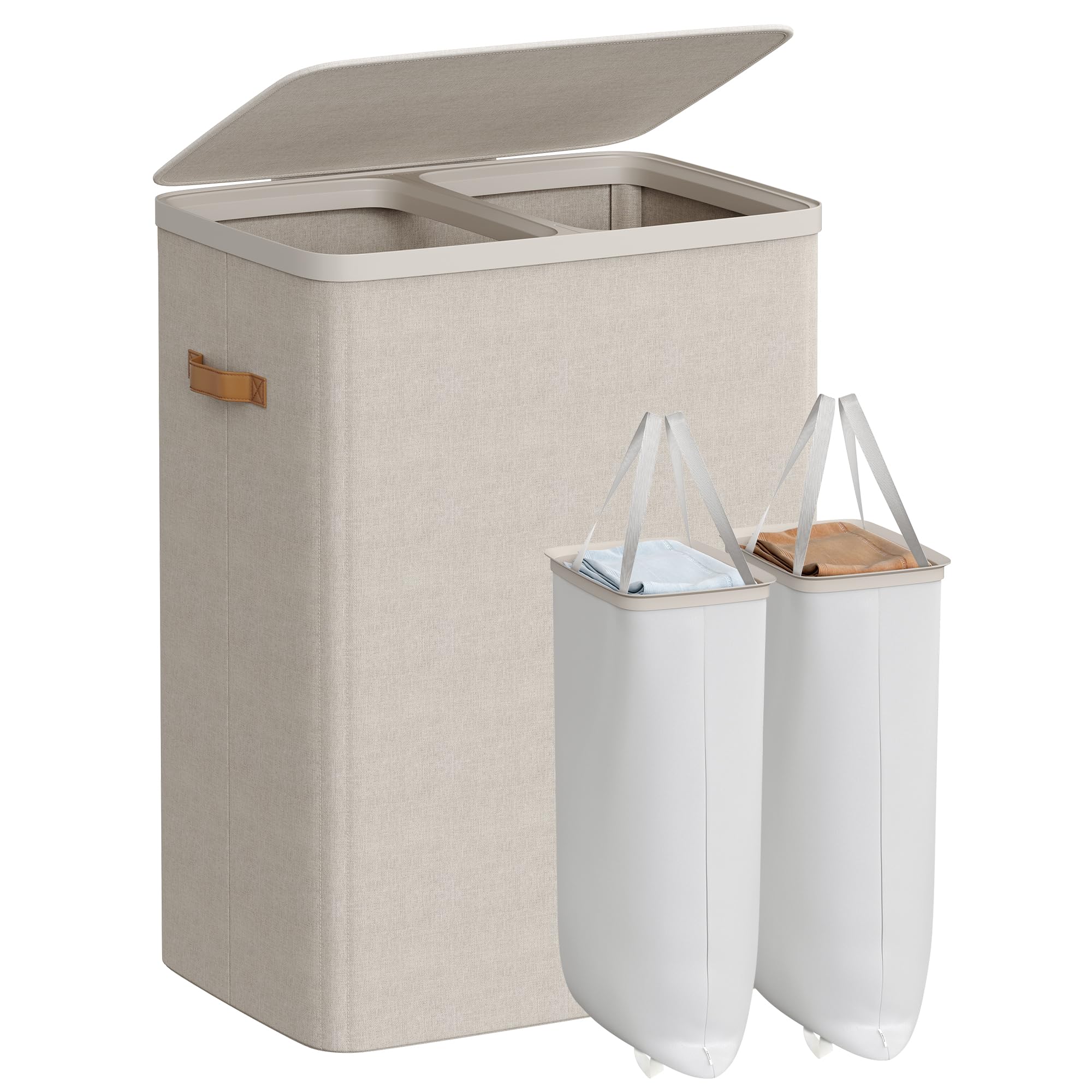 SONGMICS Laundry Basket with two compartments facilitates organized sorting of clothes.