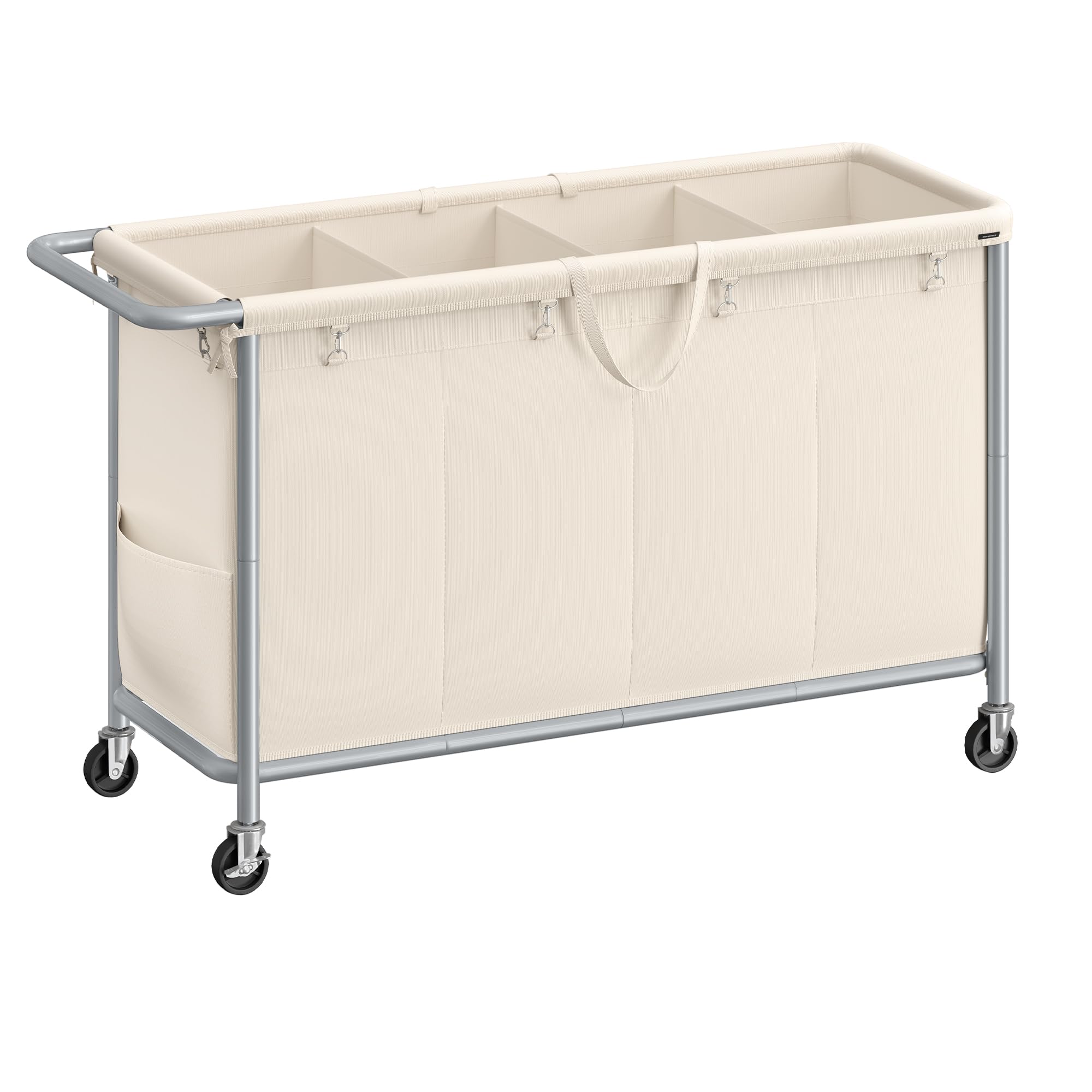 Songmics laundry basket with wheels showing four-section sorting for easy organization