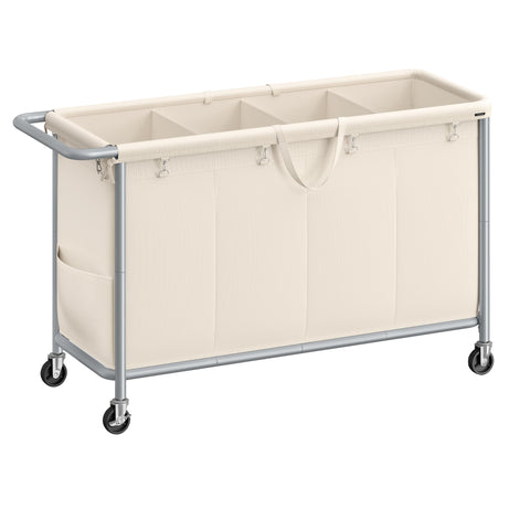 Songmics laundry basket with wheels showing four-section sorting for easy organization