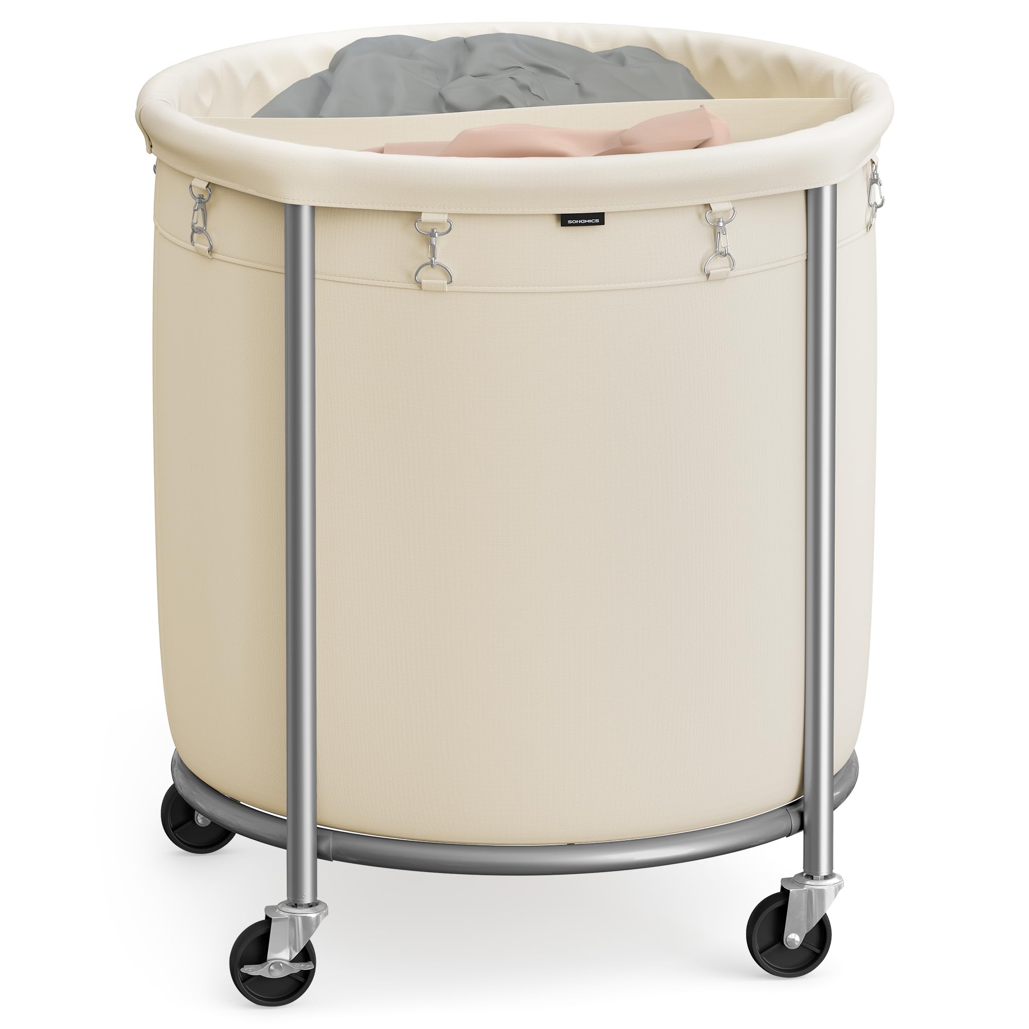 SONGMICS laundry basket with wheels, large capacity for bulky loads.