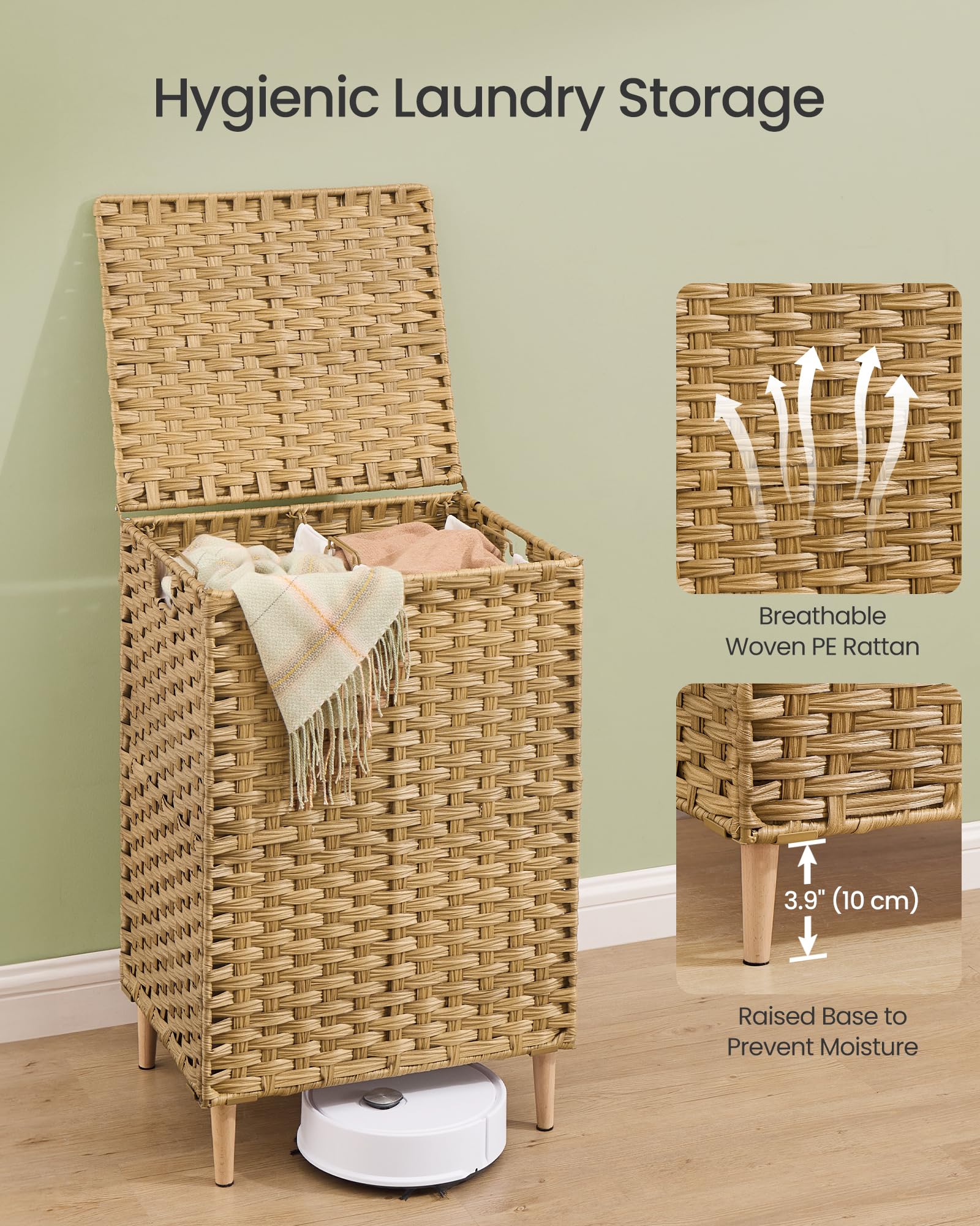 Songmics laundry bin feet elevate the base to protect fabrics.