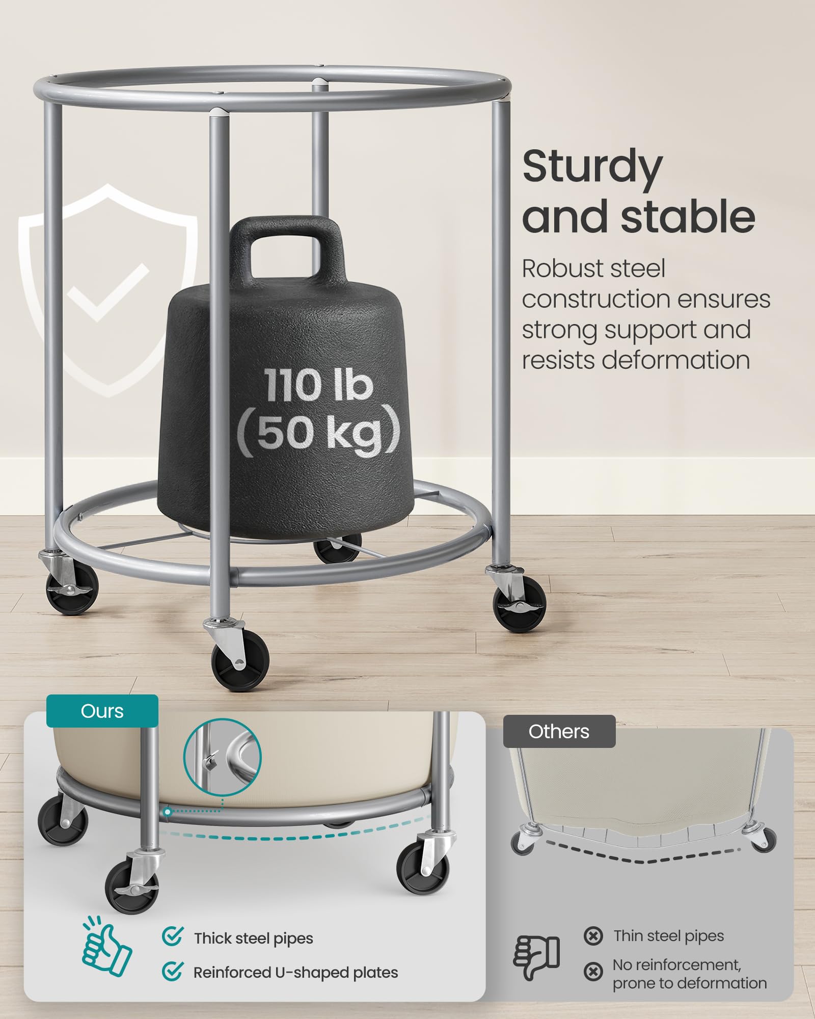 SONGMICS cart with brake wheels keeps laundry secure in place.