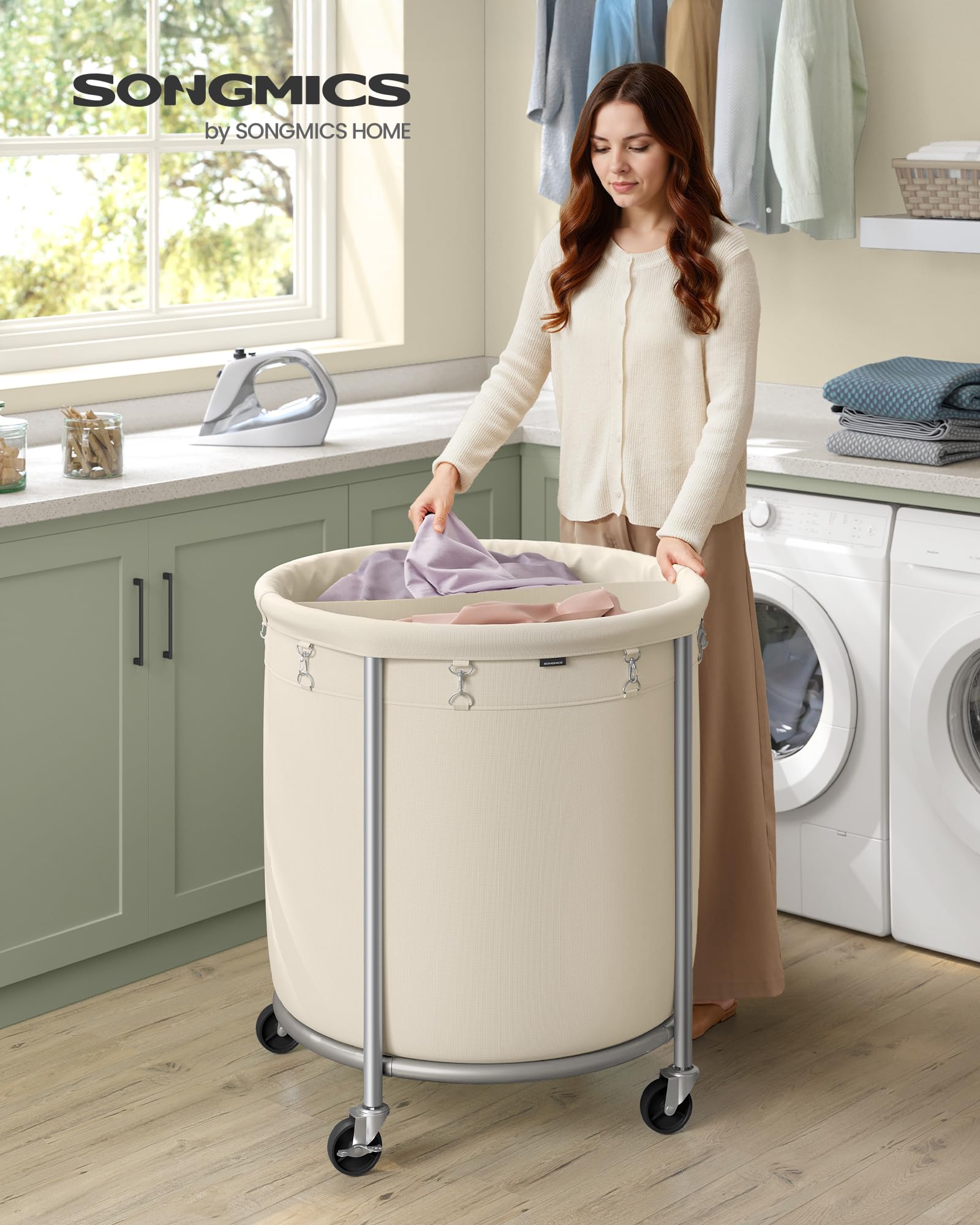 SONGMICS two-compartment cart for sorting light and dark clothing.