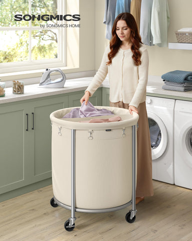 SONGMICS two-compartment cart for sorting light and dark clothing.