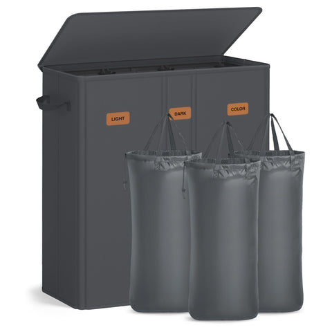SONGMICS 3-compartment hamper with lid keeps clothes organized and dust-free.