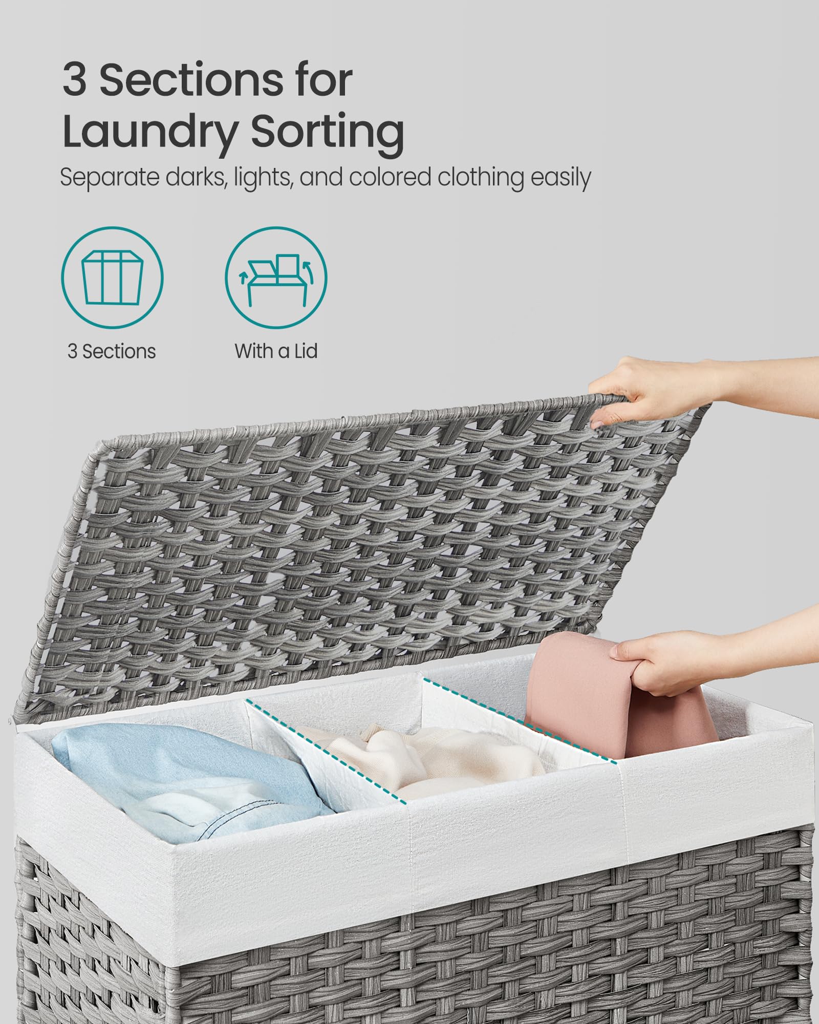 SONGMICS 3-section divider helps pre-sort garments for efficient laundry days.