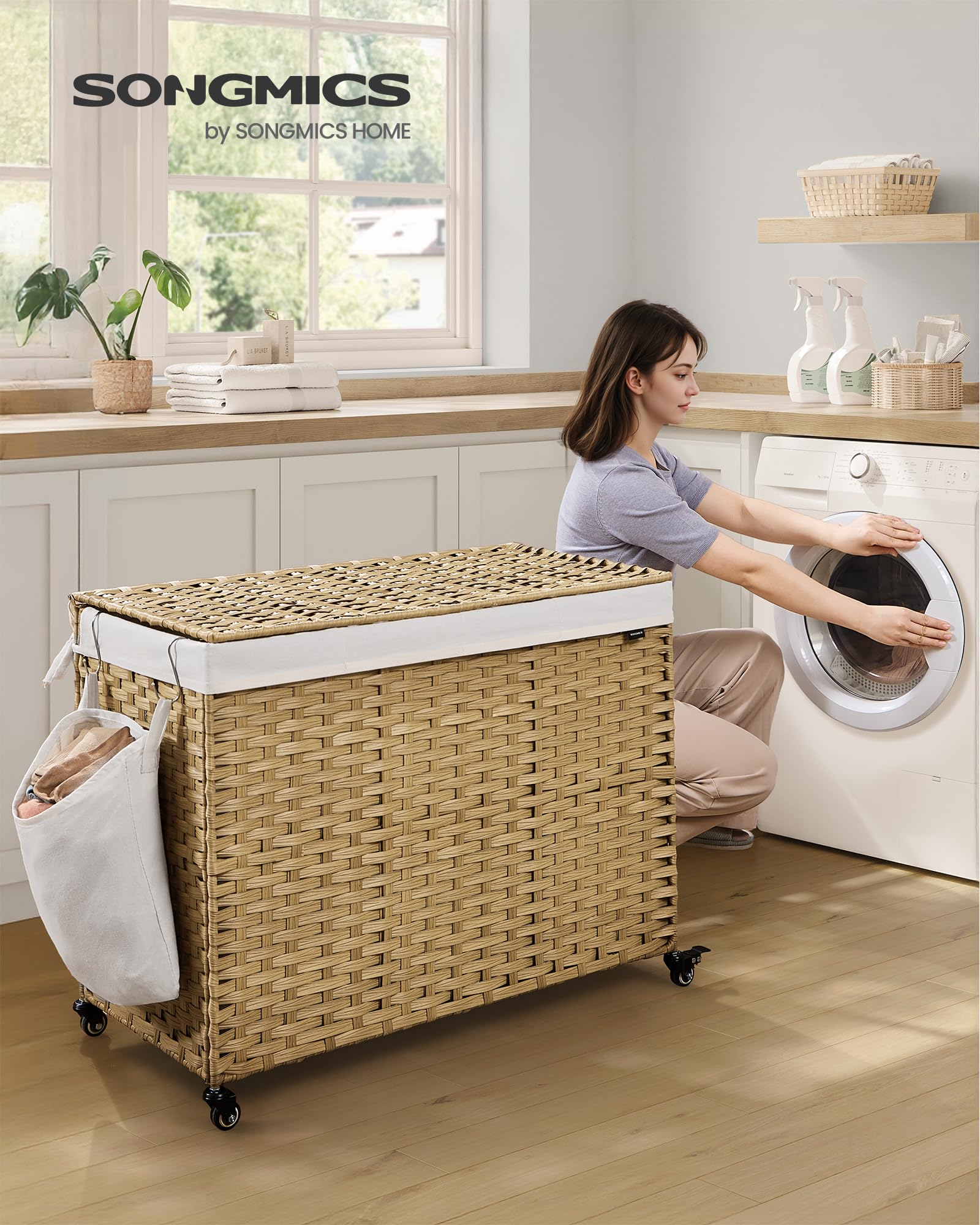 SONGMICS four-section hamper with removable liner keeps clothes neatly separated by color.