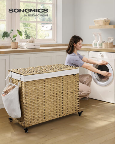 SONGMICS four-section hamper with removable liner keeps clothes neatly separated by color.