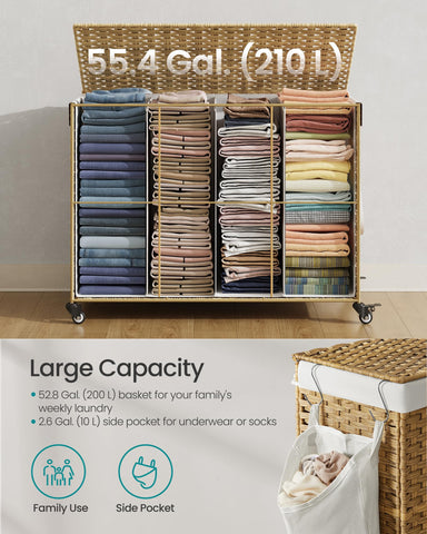SONGMICS 55.4-gallon capacity provides ample space for family laundry.