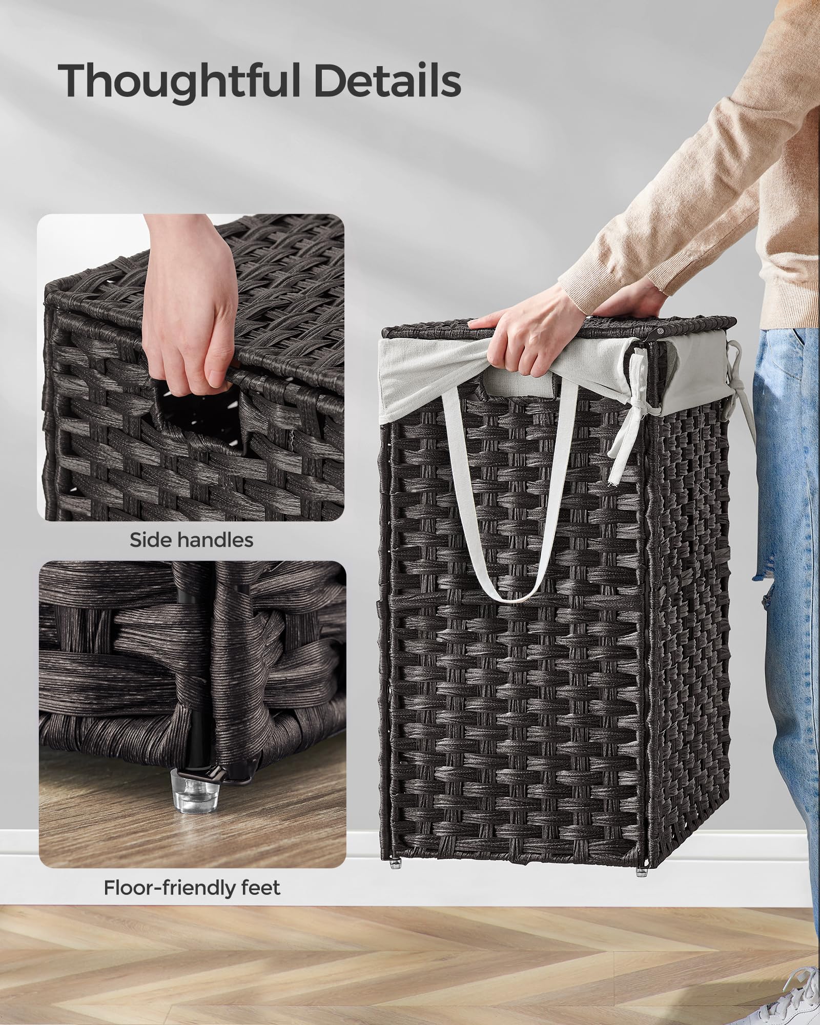 Breathable waterproof PP rattan weave on SONGMICS hamper keeps clothes dry.