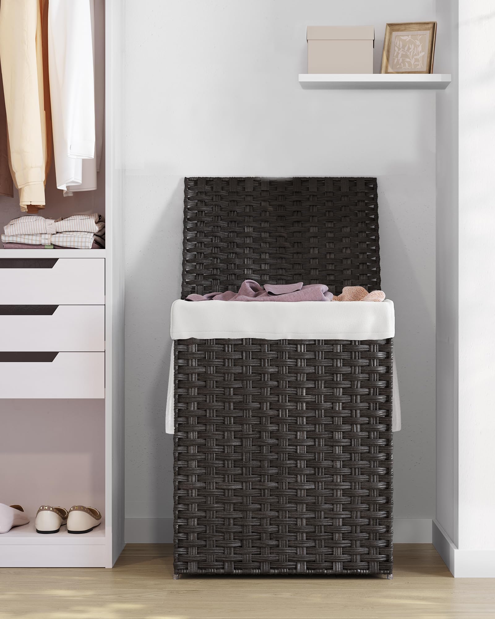 Compact footprint of SONGMICS hamper fits tight bathroom corners.
