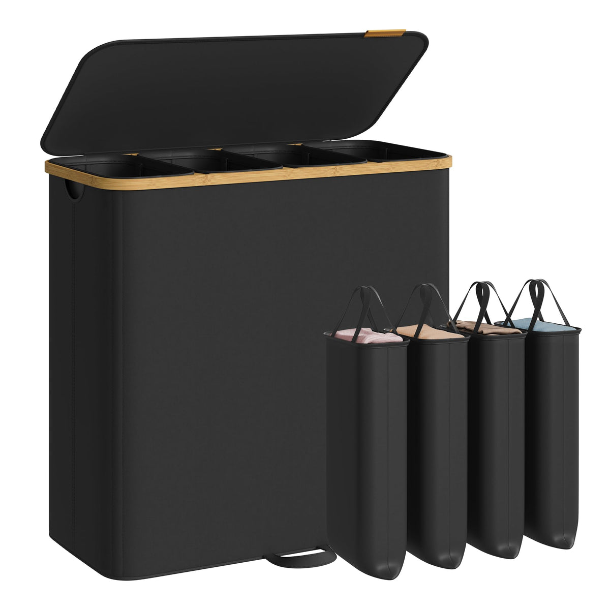 Songmics four-compartment laundry hamper with lid for organized sorting and concealment