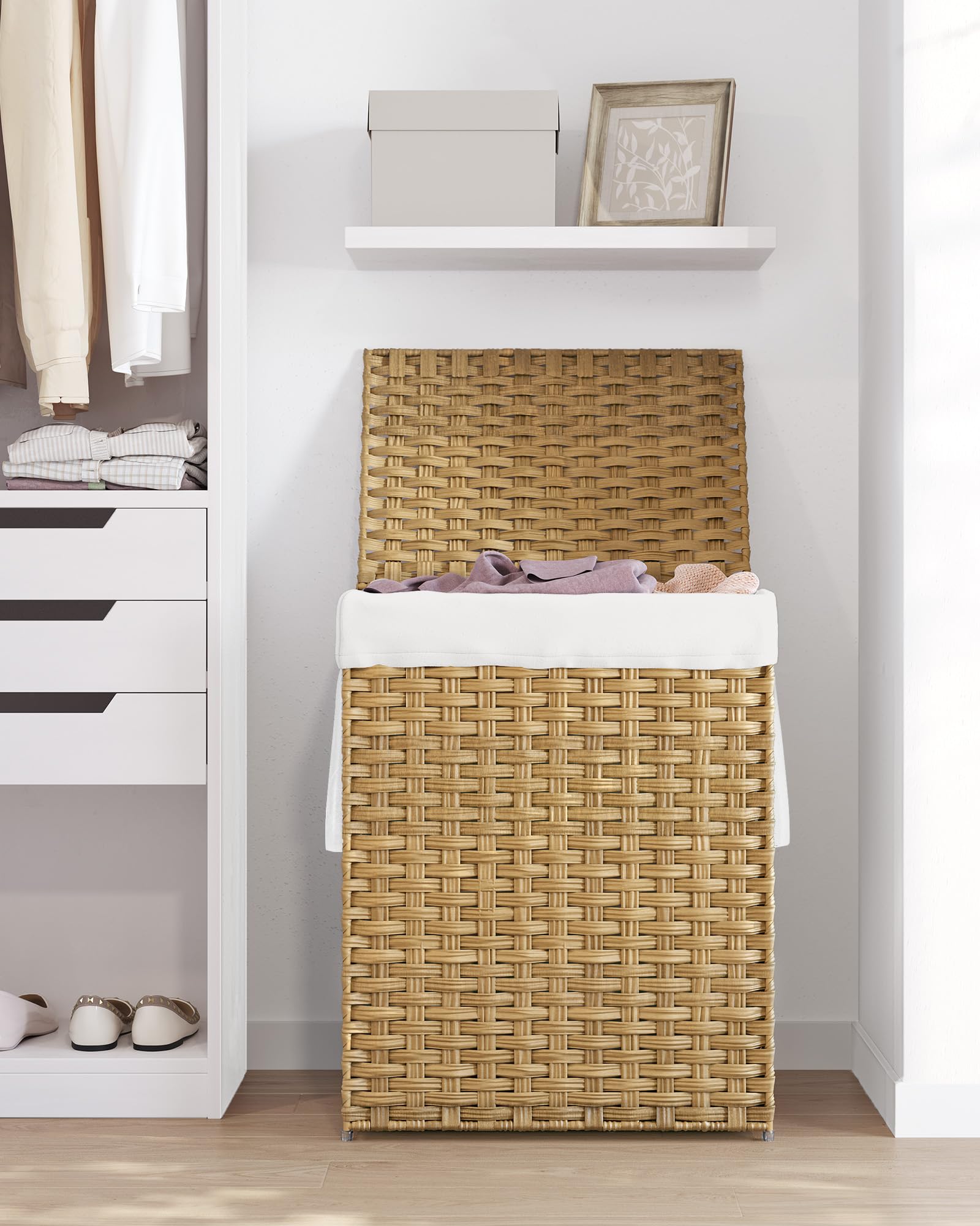 Songmics goose yellow appearance complements small-space laundry areas.