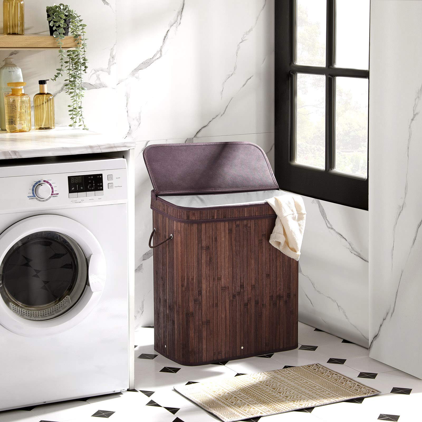 Songmics bamboo hamper inner bag removable for easy upstairs-to-machine transport