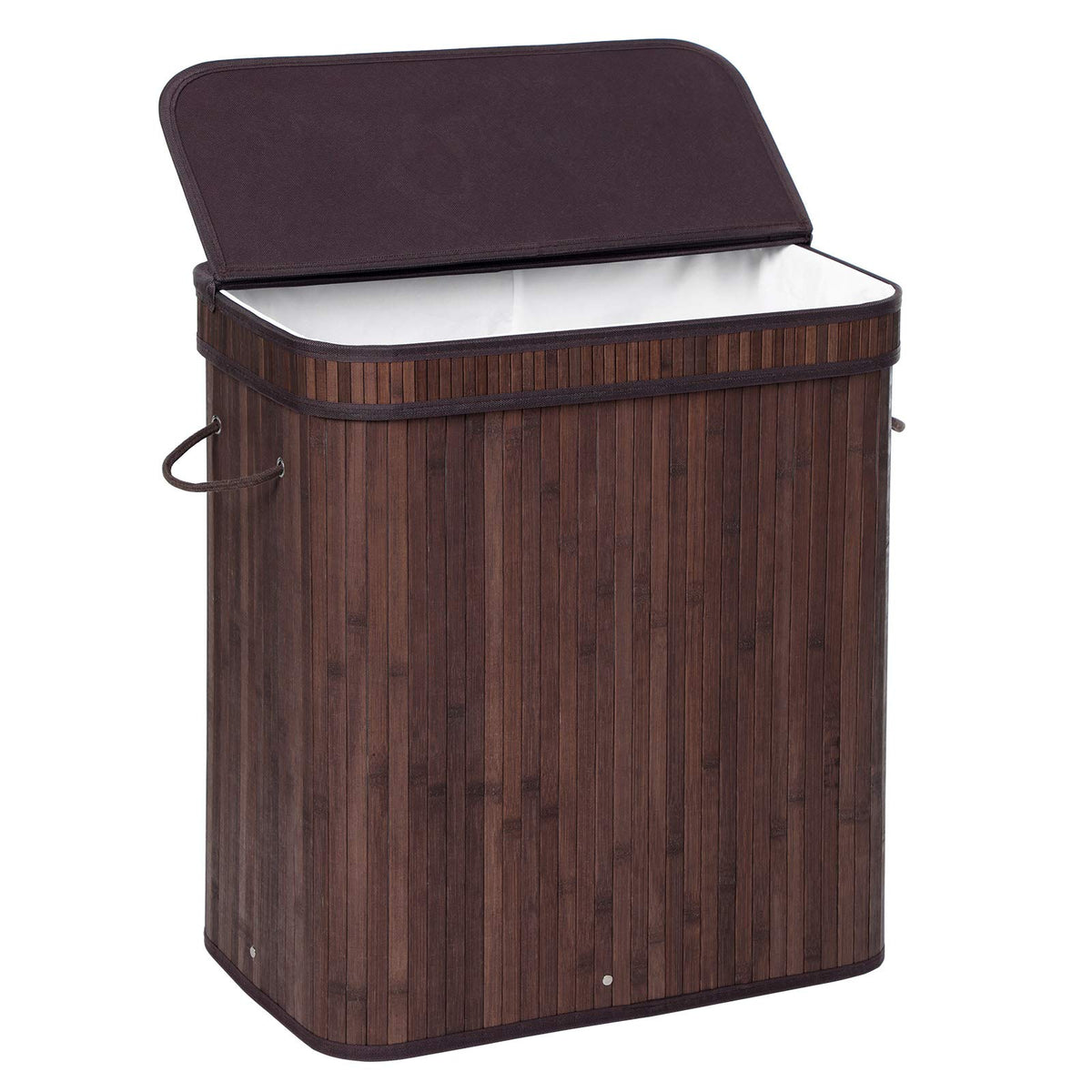 Songmics bamboo laundry hamper with lid showing lid-on design, concealing laundry neatly