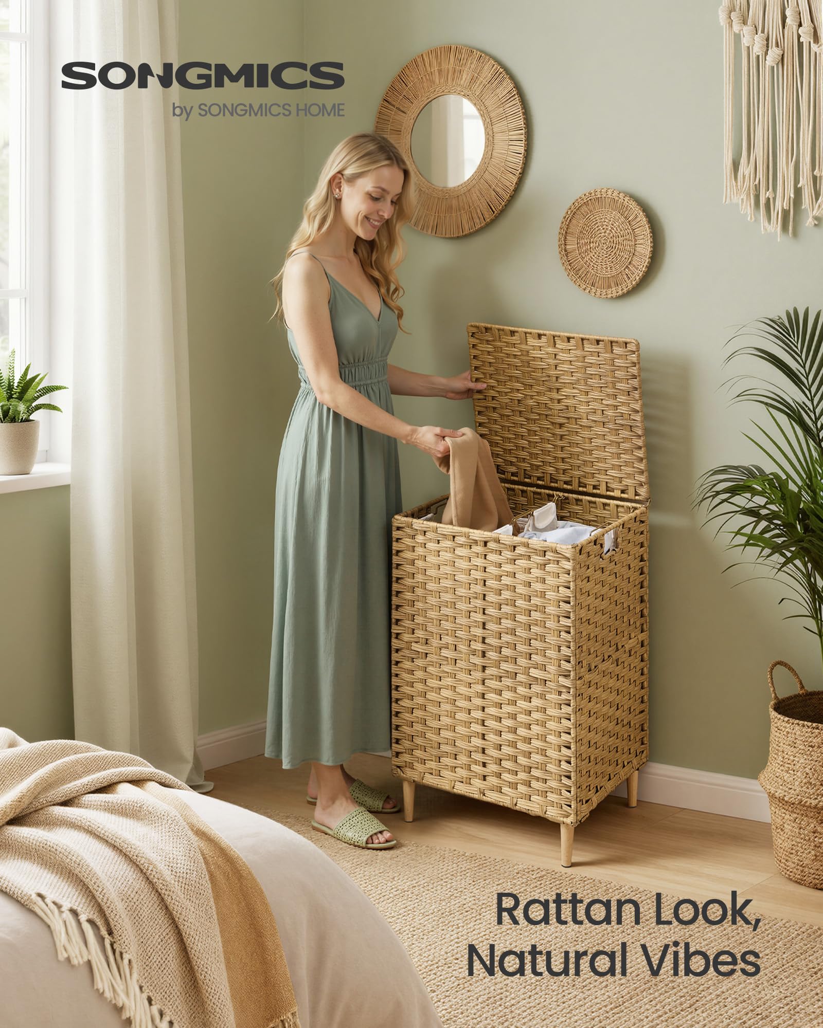 Songmics goose-yellow laundry hamper with lid, keeps clothes out of sight.