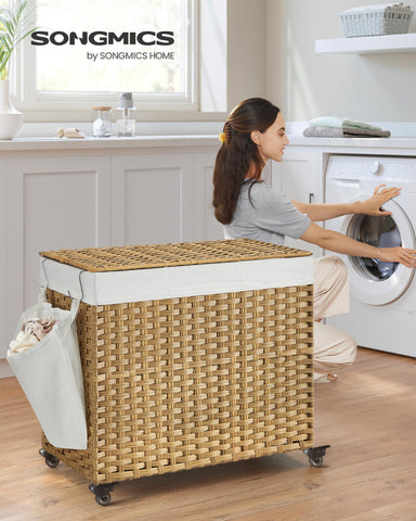Songmics laundry hamper with lid open, showing removable liner for easy cleaning.