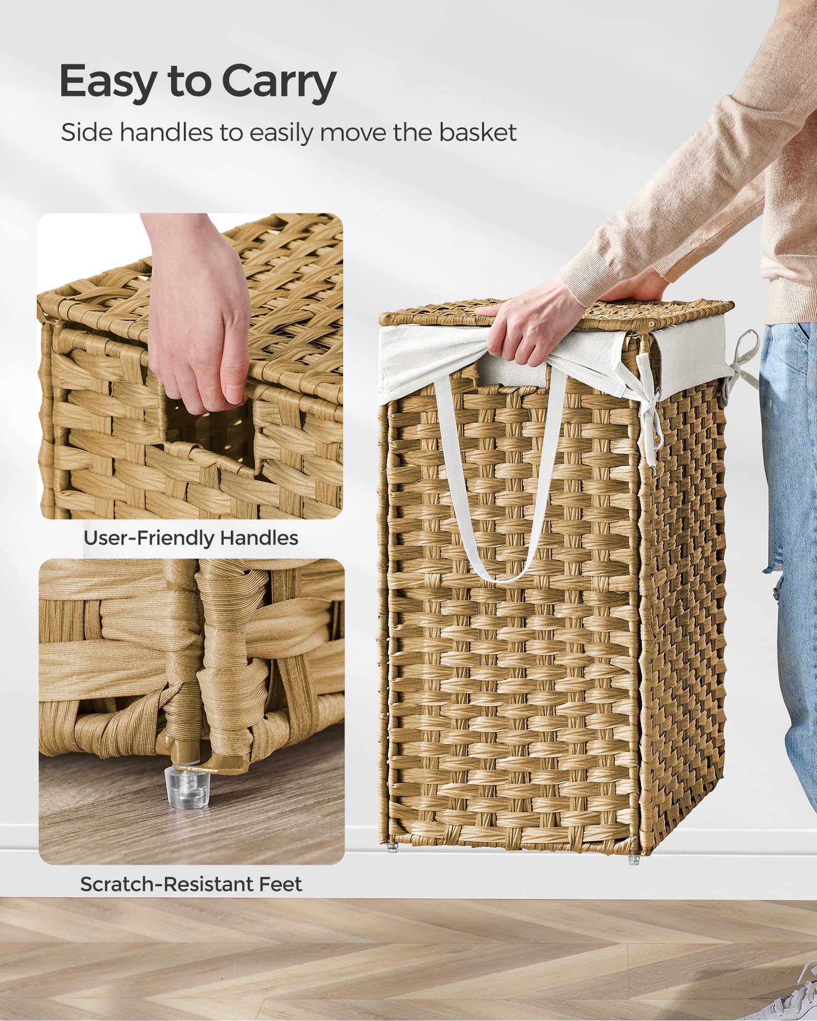 Songmics liner with side handles facilitates carrying to laundry room.
