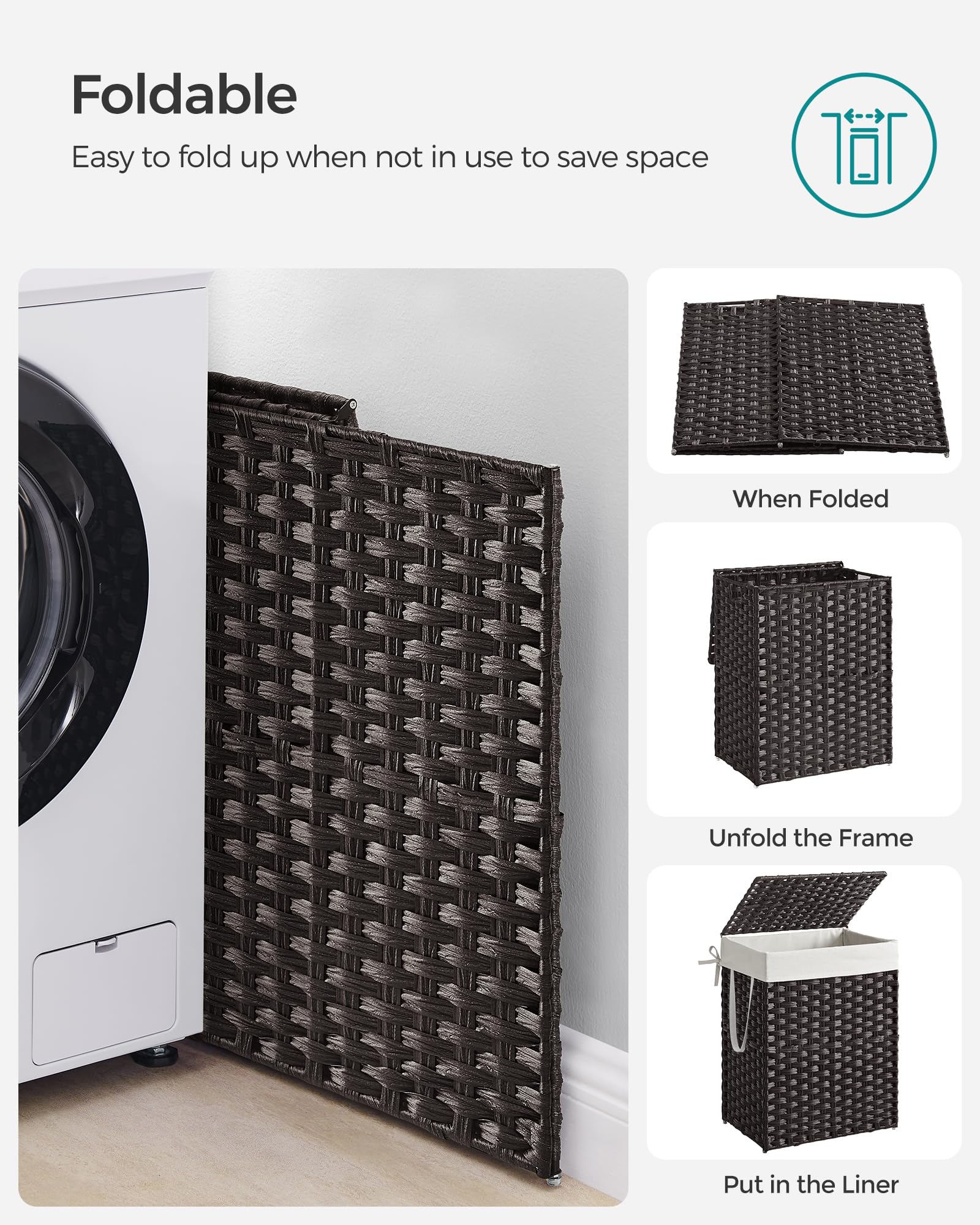 Liner with side handles attached to SONGMICS hamper for easy transport.